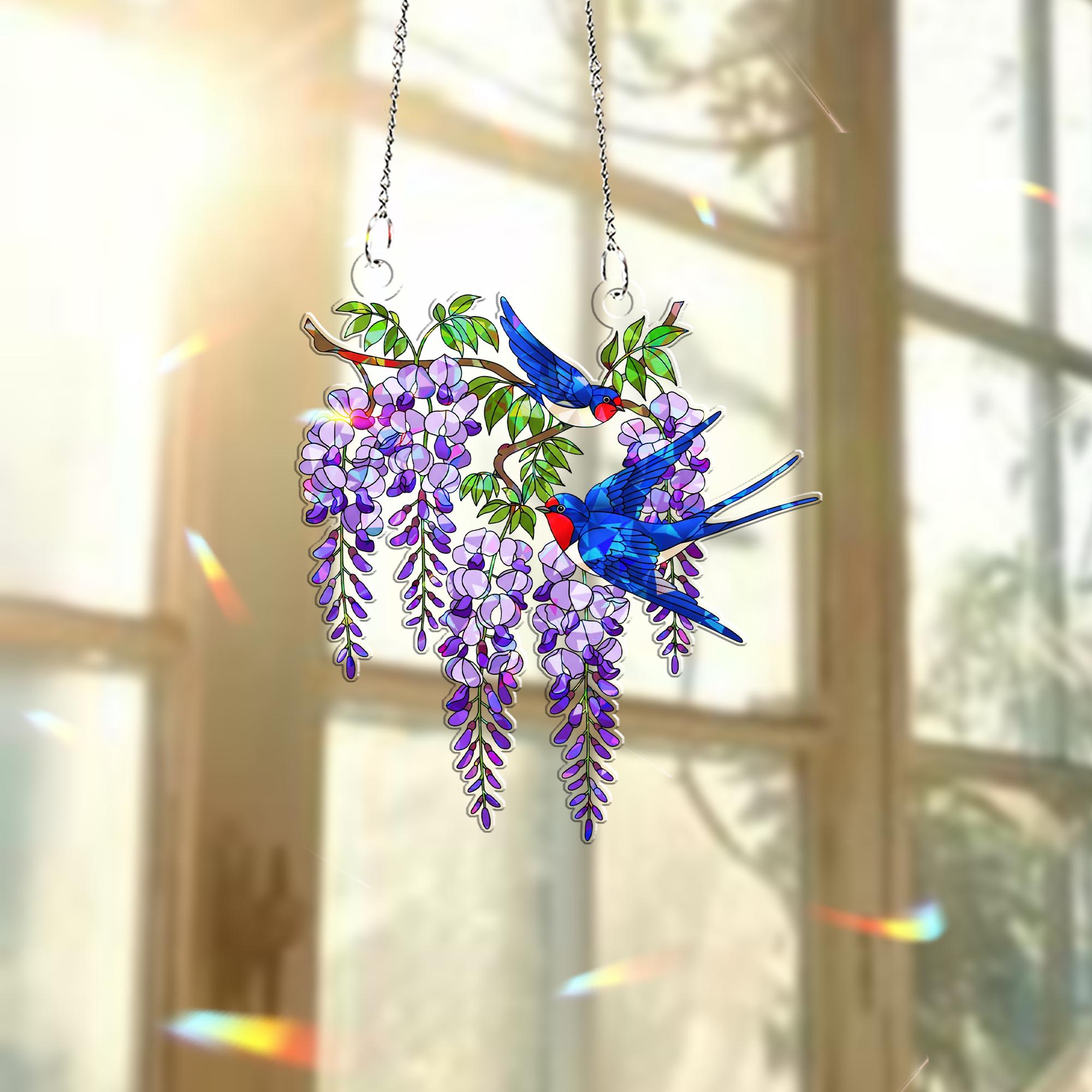 Swallow & Wisteria Hologram Acrylic Window Hanging – Bird and Floral Decor – Mother’s Day Gift – Flower Lover – Spring Window Art