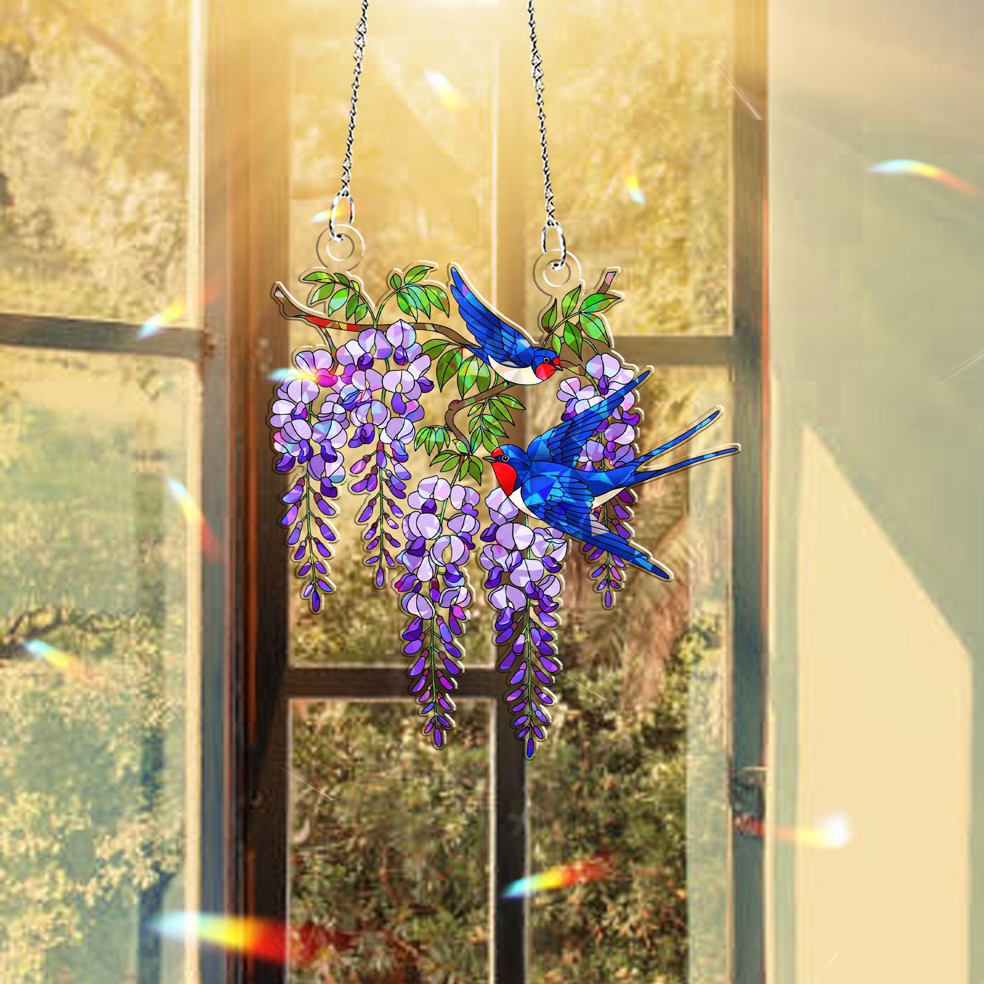 Swallow & Wisteria Hologram Acrylic Window Hanging – Bird and Floral Decor – Mother’s Day Gift – Flower Lover – Spring Window Art