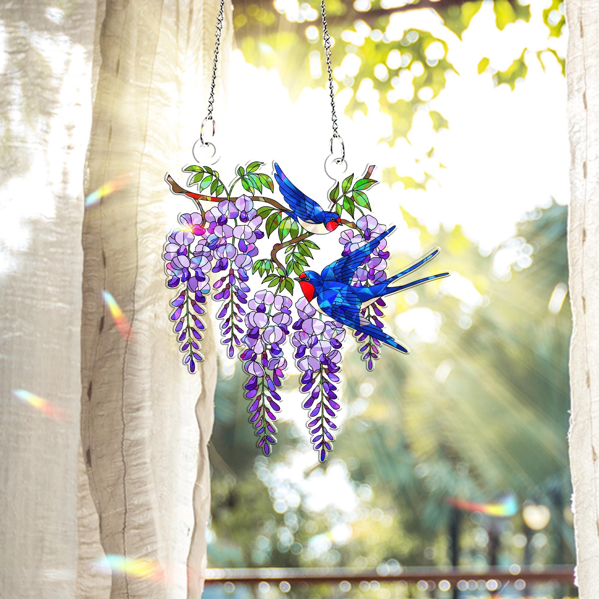 Swallow & Wisteria Hologram Acrylic Window Hanging – Bird and Floral Decor – Mother’s Day Gift – Flower Lover – Spring Window Art