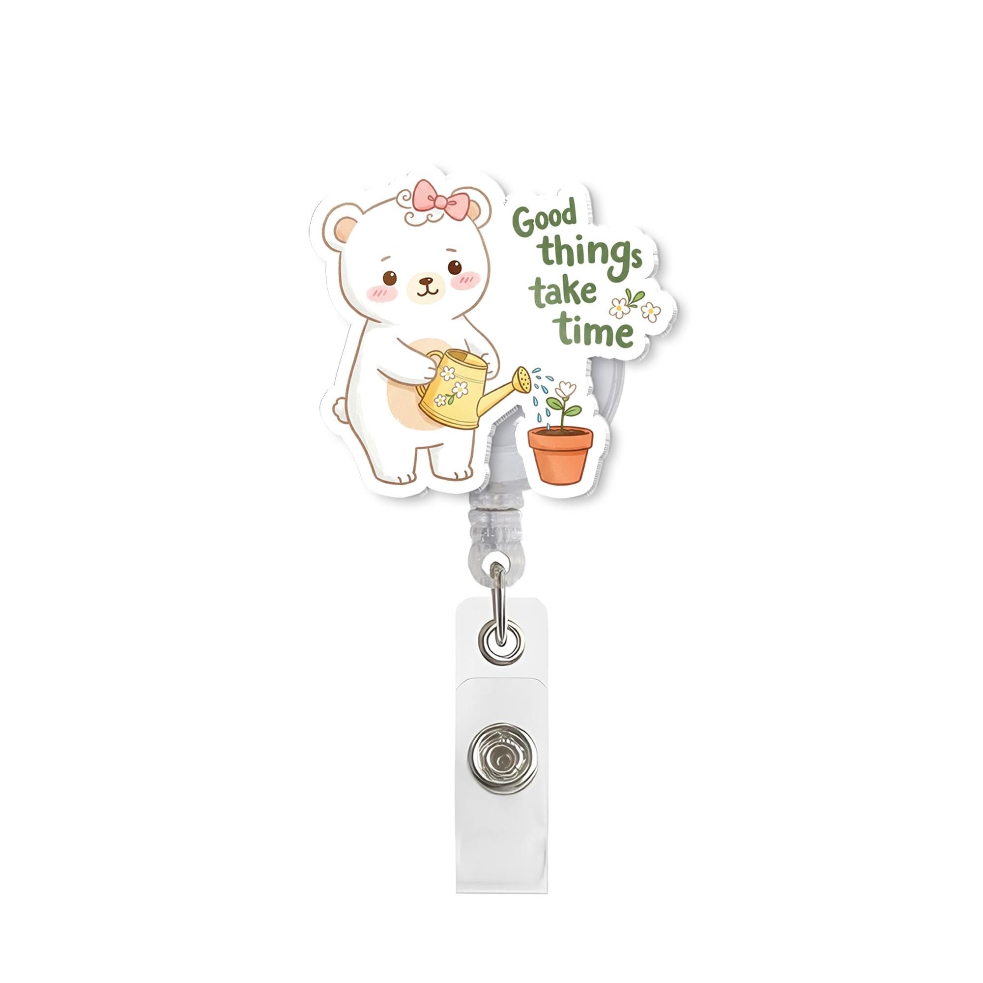 Cute Bear Watering Plant Badge Reel "Good Things Take Time", Kawaii Inspirational Quote ID Holder, Retractable Clip for Nurse, Teacher Gift