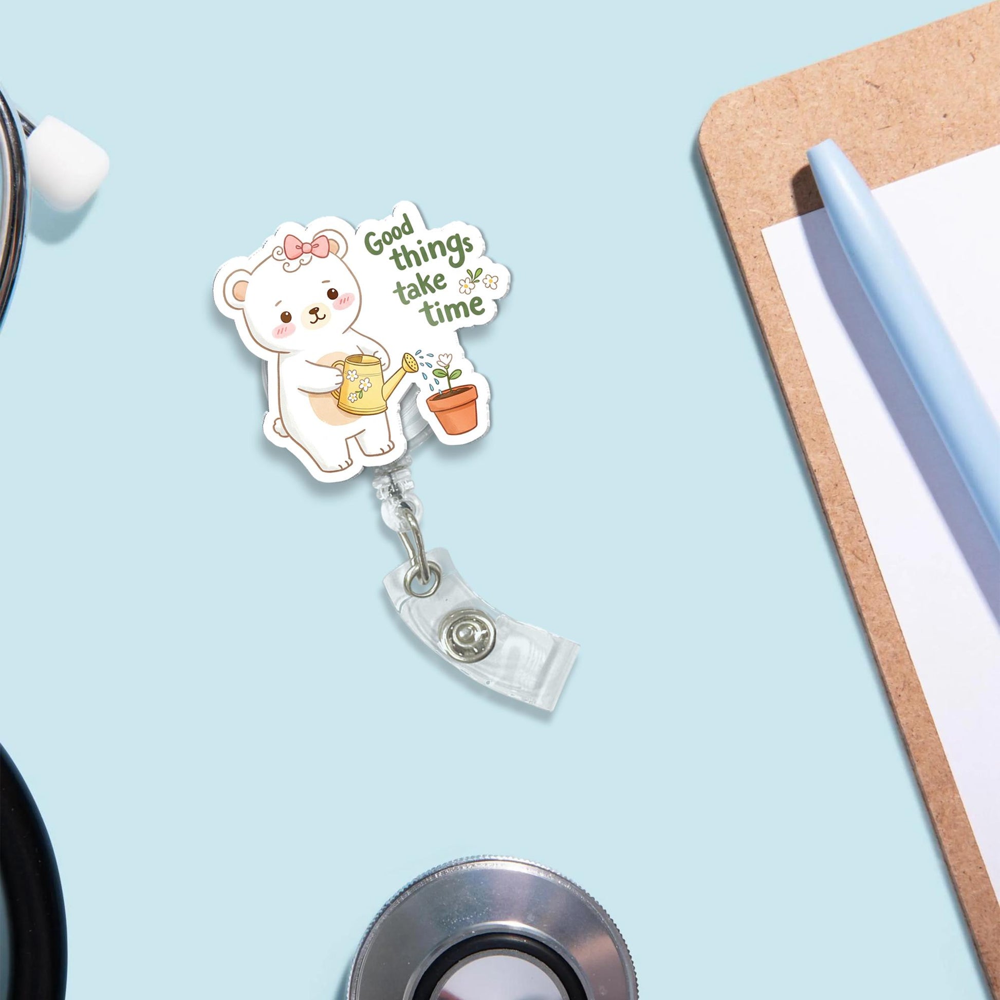 Cute Bear Watering Plant Badge Reel "Good Things Take Time", Kawaii Inspirational Quote ID Holder, Retractable Clip for Nurse, Teacher Gift
