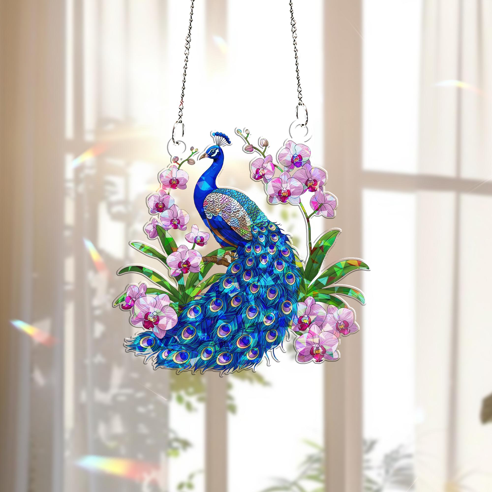 Peacock & Orchids Hologram Acrylic Window Hanging – Elegant Bird and Floral Decor – Mother’s Day Gift – Flower Lover Gift Idea