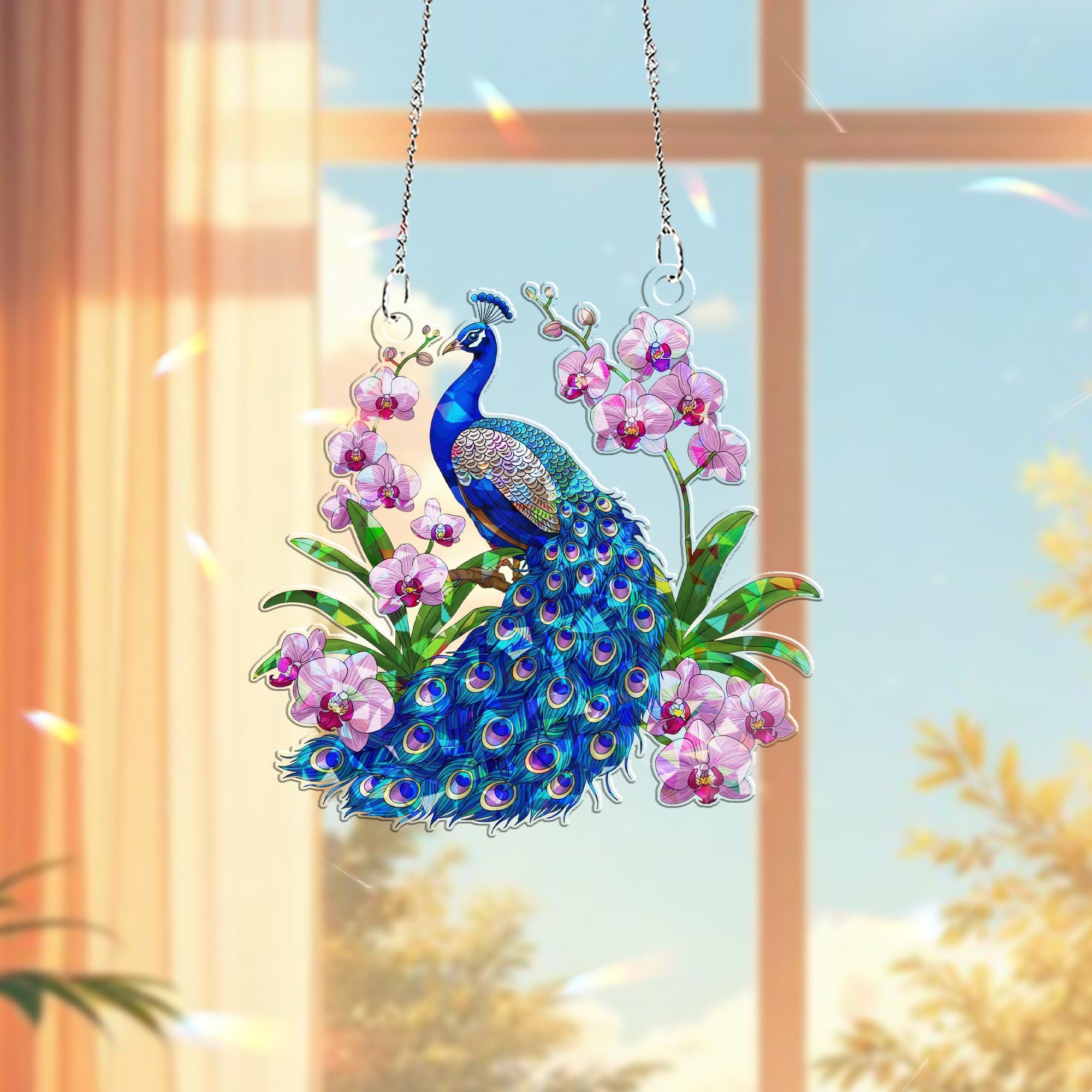 Peacock & Orchids Hologram Acrylic Window Hanging – Elegant Bird and Floral Decor – Mother’s Day Gift – Flower Lover Gift Idea