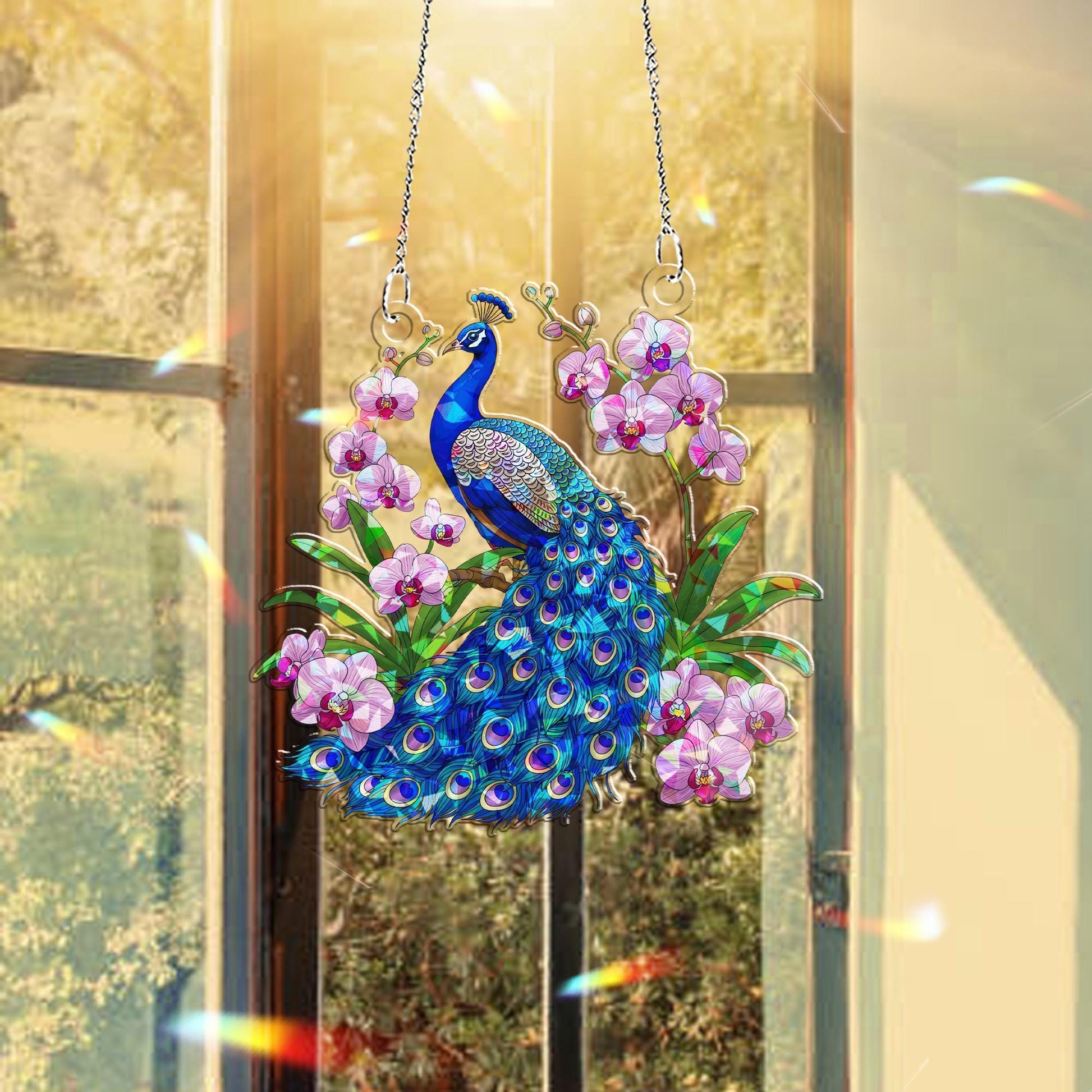 Peacock & Orchids Hologram Acrylic Window Hanging – Elegant Bird and Floral Decor – Mother’s Day Gift – Flower Lover Gift Idea
