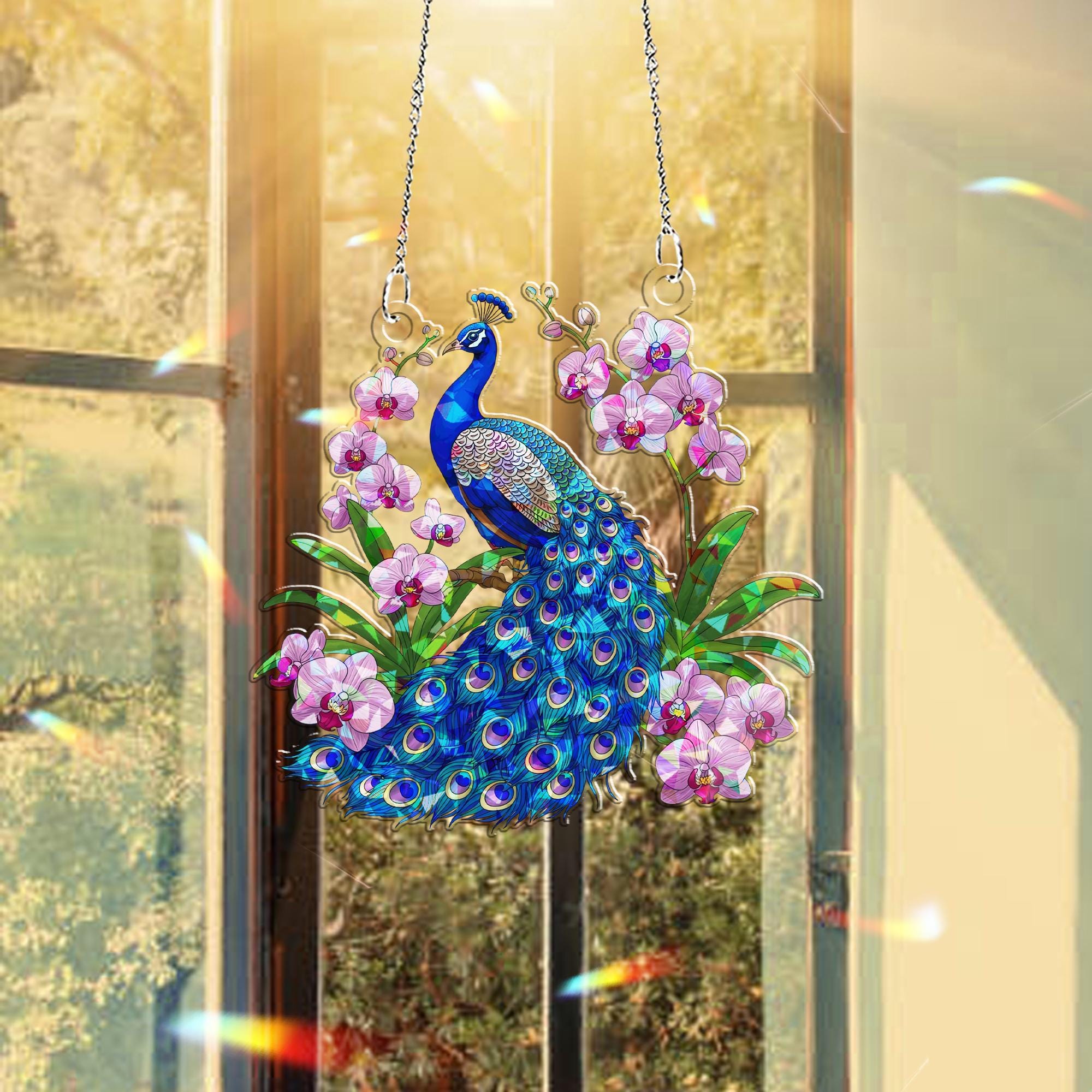 Peacock & Orchids Hologram Acrylic Window Hanging – Elegant Bird and Floral Decor – Mother’s Day Gift – Flower Lover Gift Idea