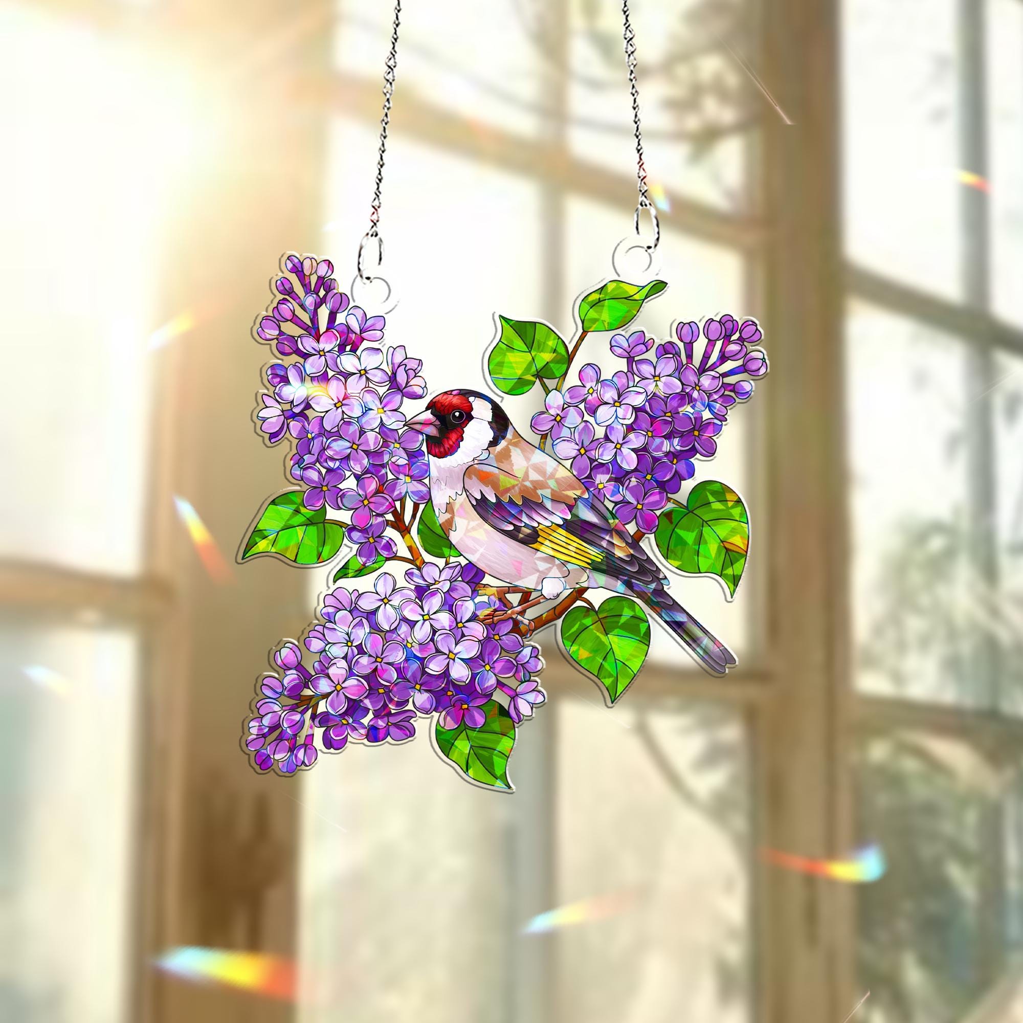 Finch & Lilacs Hologram Acrylic Window Hanging – Spring Bird, Floral Decor – Mother’s Day Gift – Flower and Bird Lover Gift