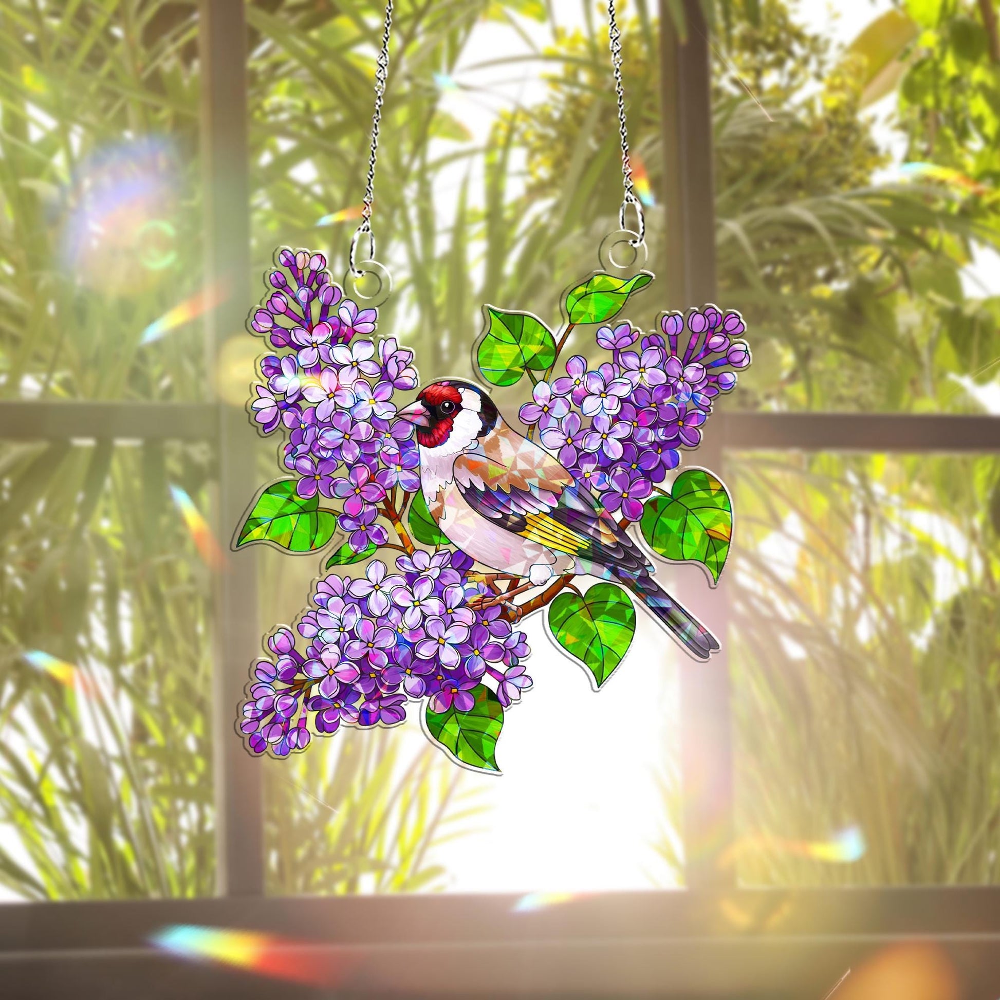 Finch & Lilacs Hologram Acrylic Window Hanging – Spring Bird, Floral Decor – Mother’s Day Gift – Flower and Bird Lover Gift