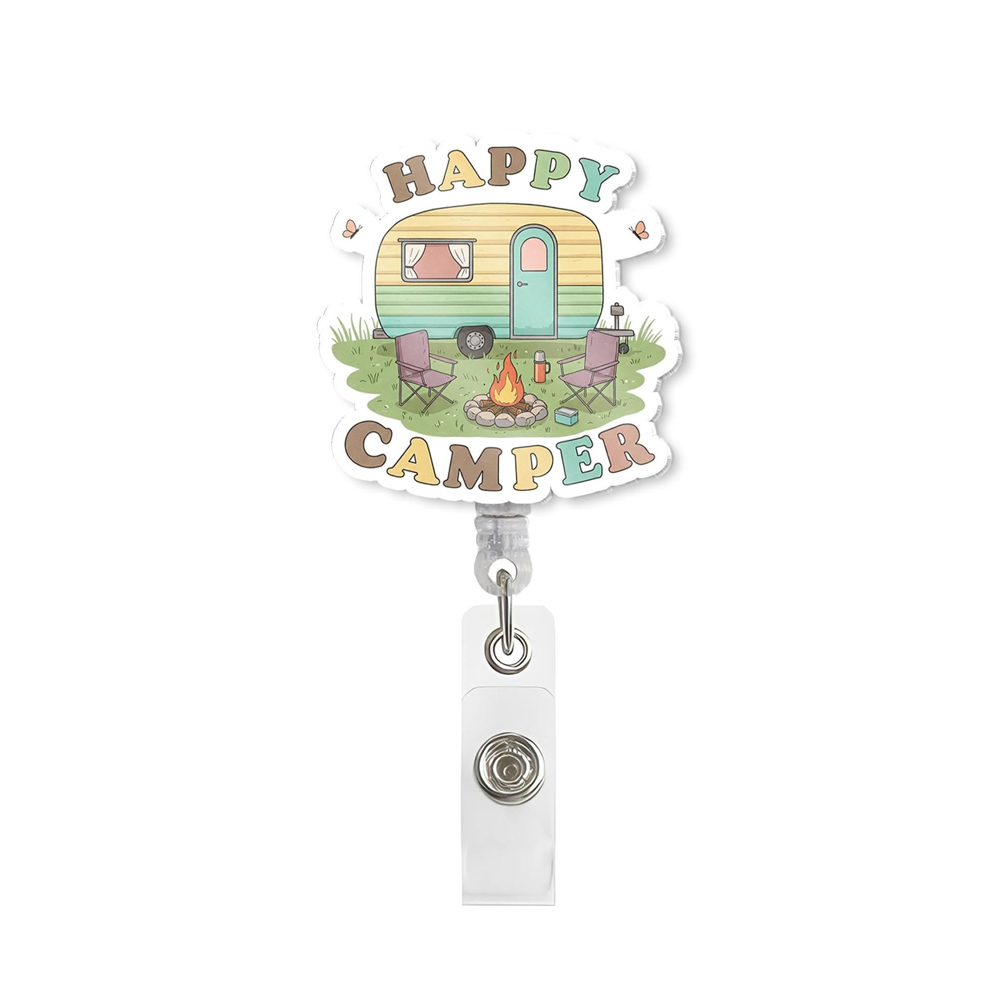Cute Happy Camper Acrylic Badge Reel, Retro Camping ID Holder, Outdoorsy Gift for Nurse Teacher Office Staff, Fun Accessory