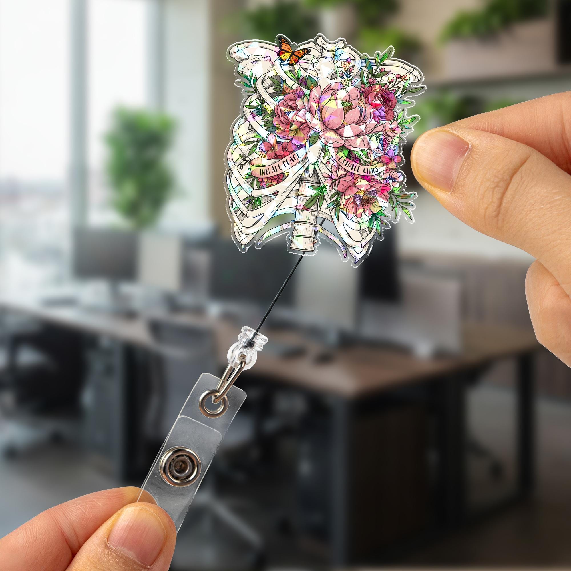 Hologram Inhale Peace Exhale Chaos Badge Reel | Floral Anatomy Rib Cage ID Holder | Retractable Clip for Nurse Doctor Teacher