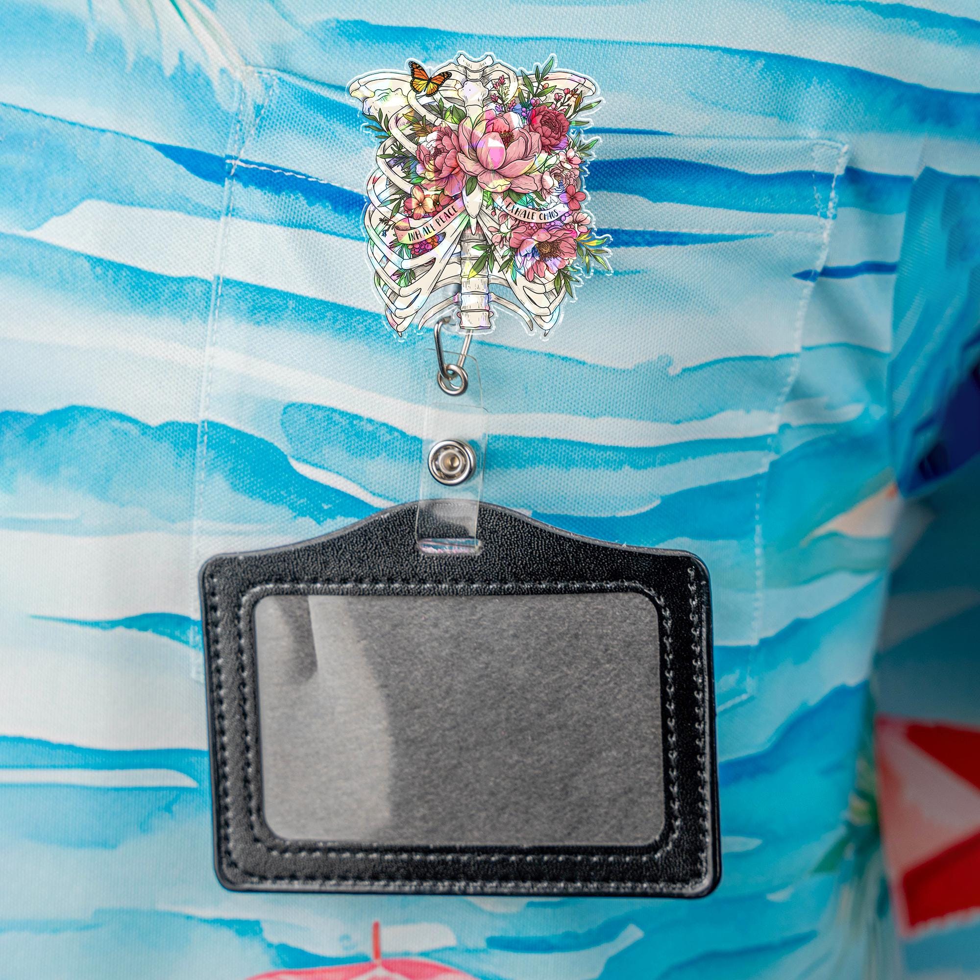 Hologram Inhale Peace Exhale Chaos Badge Reel | Floral Anatomy Rib Cage ID Holder | Retractable Clip for Nurse Doctor Teacher