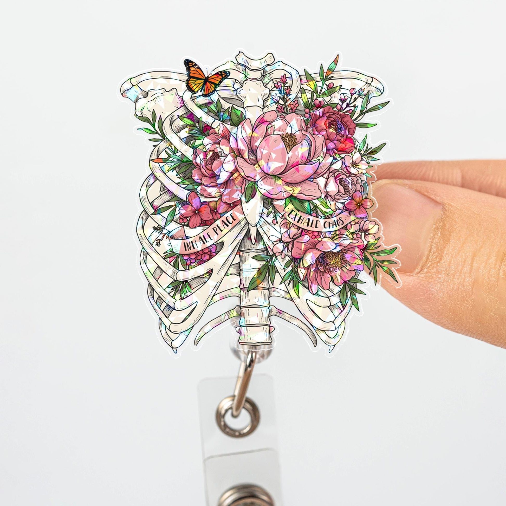 Hologram Inhale Peace Exhale Chaos Badge Reel | Floral Anatomy Rib Cage ID Holder | Retractable Clip for Nurse Doctor Teacher