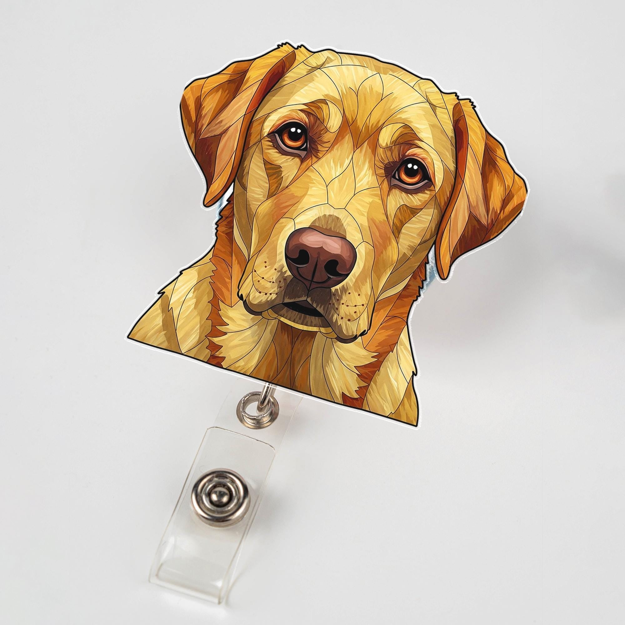 Geometric Yellow Lab Badge Reel, Labrador Retriever Dog ID Holder Gift for Nurse Teacher Vet Tech Cute Pet Lover Retractable Badge Clip