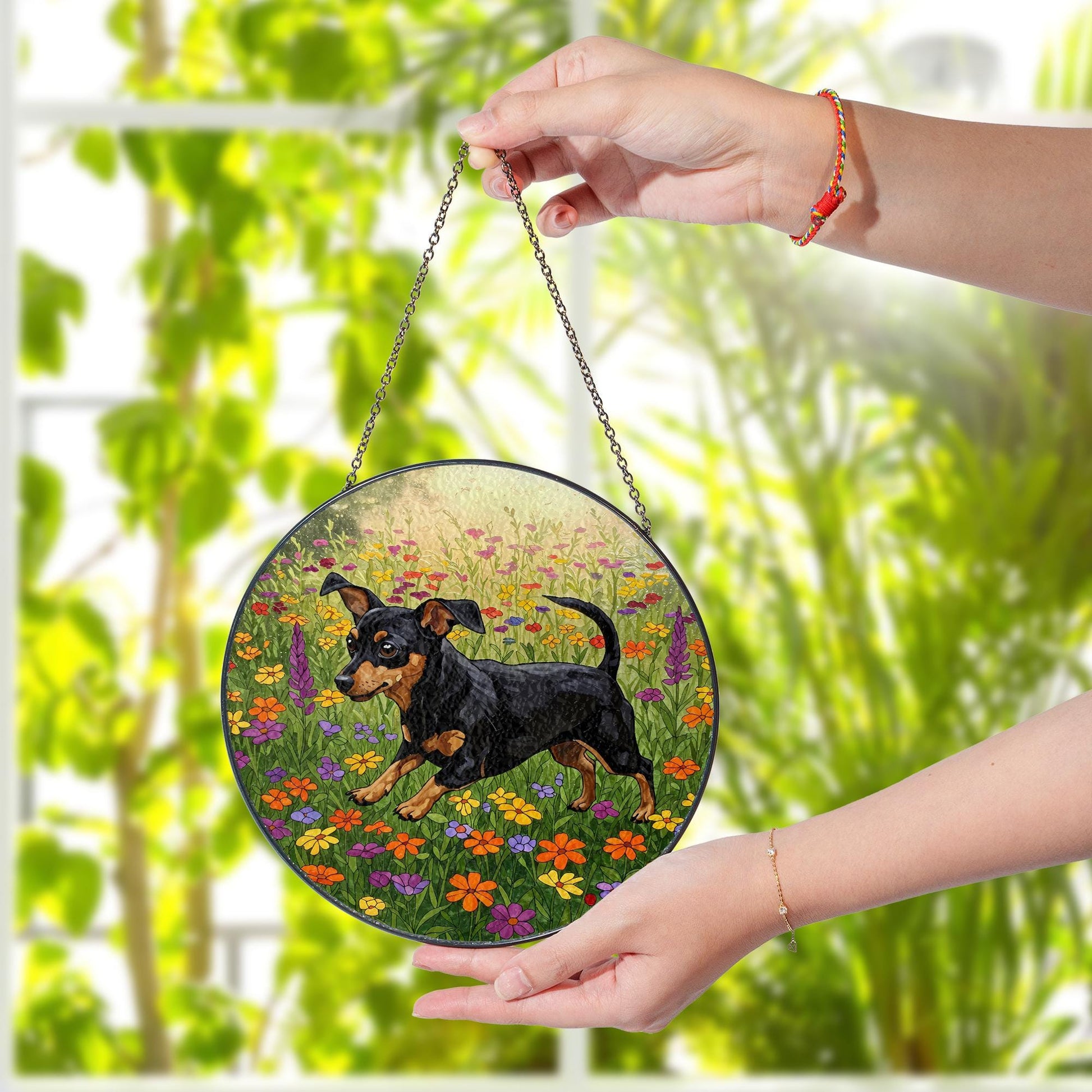 Black and Tan Chiweenie Running Among Wildflowers Glass Suncatcher, Dog Window Art, Floral Pet Gift, Cute Dachshund Mix Decor, Chiweenie Mom