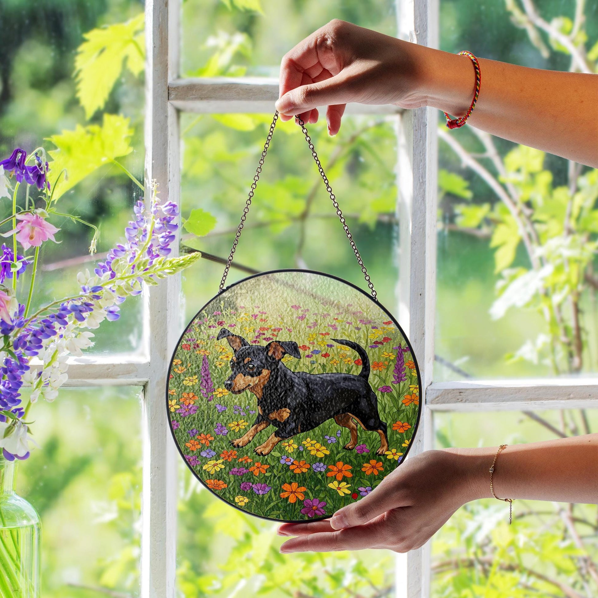 Black and Tan Chiweenie Running Among Wildflowers Glass Suncatcher, Dog Window Art, Floral Pet Gift, Cute Dachshund Mix Decor, Chiweenie Mom