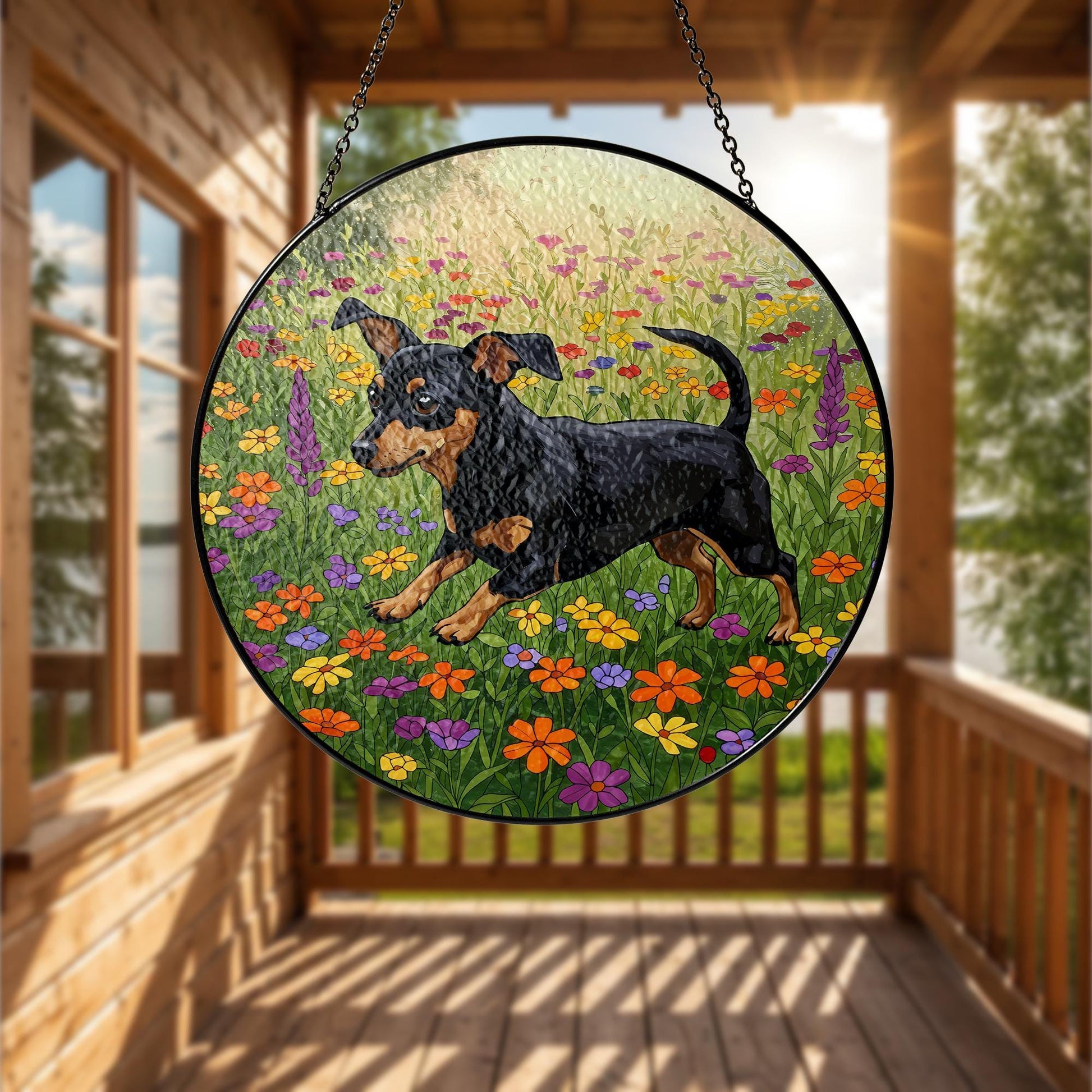 Black and Tan Chiweenie Running Among Wildflowers Glass Suncatcher, Dog Window Art, Floral Pet Gift, Cute Dachshund Mix Decor, Chiweenie Mom