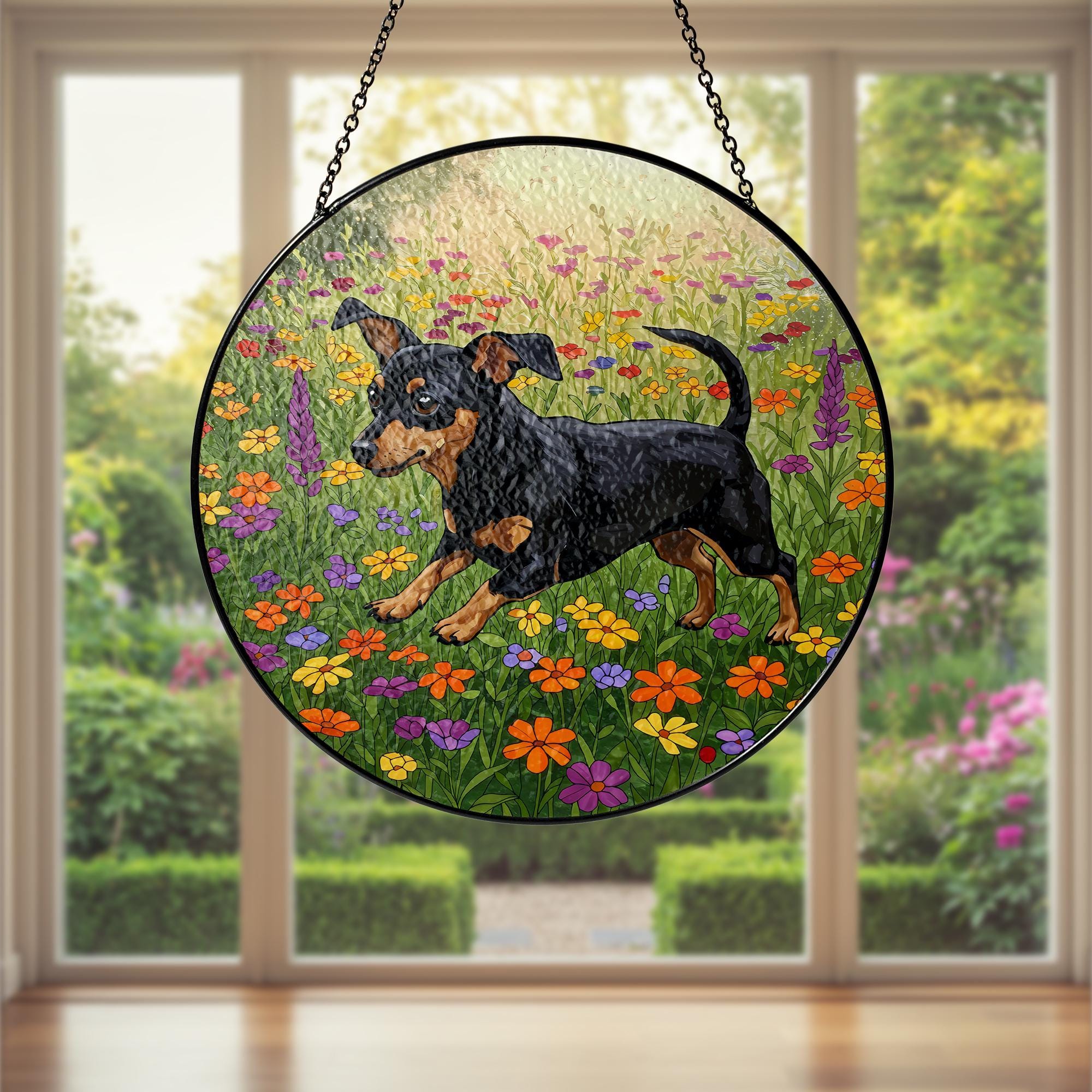 Black and Tan Chiweenie Running Among Wildflowers Glass Suncatcher, Dog Window Art, Floral Pet Gift, Cute Dachshund Mix Decor, Chiweenie Mom