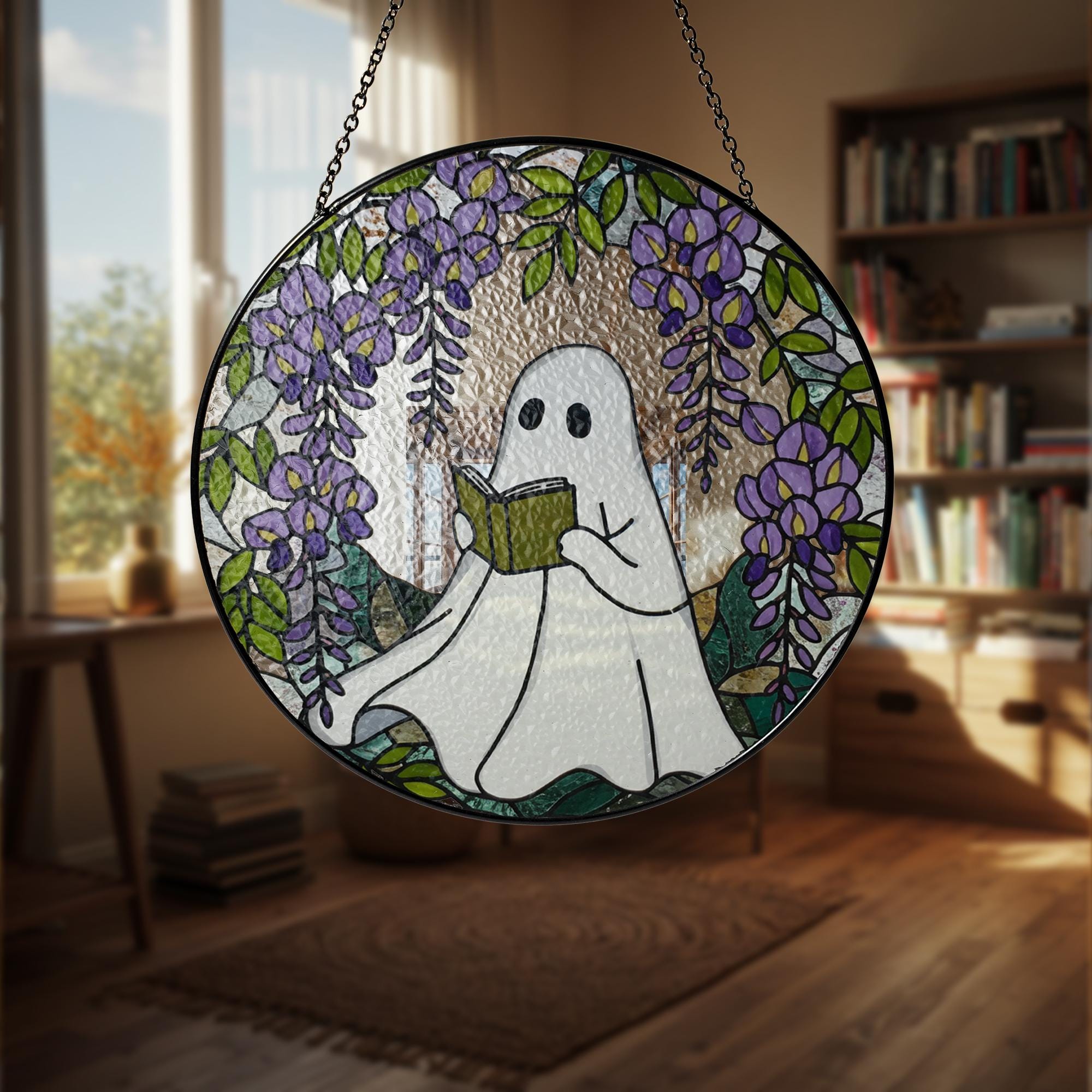 Ghost Reading GLASS Suncatcher, Book Lover Gift, Glass Window Hanging, Wisteria Glass Art, Cottagecore Decor, Ghost Sun Catcher,Floral Decor