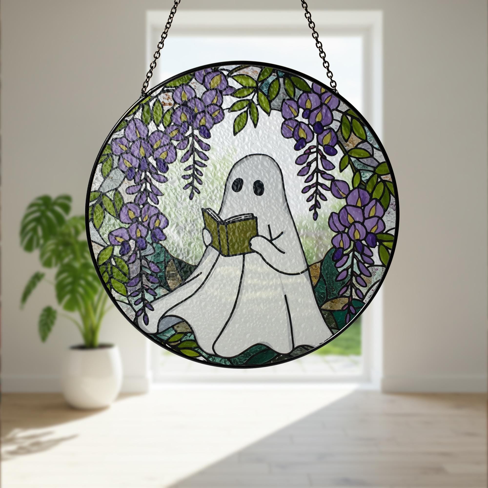 Ghost Reading GLASS Suncatcher, Book Lover Gift, Glass Window Hanging, Wisteria Glass Art, Cottagecore Decor, Ghost Sun Catcher,Floral Decor