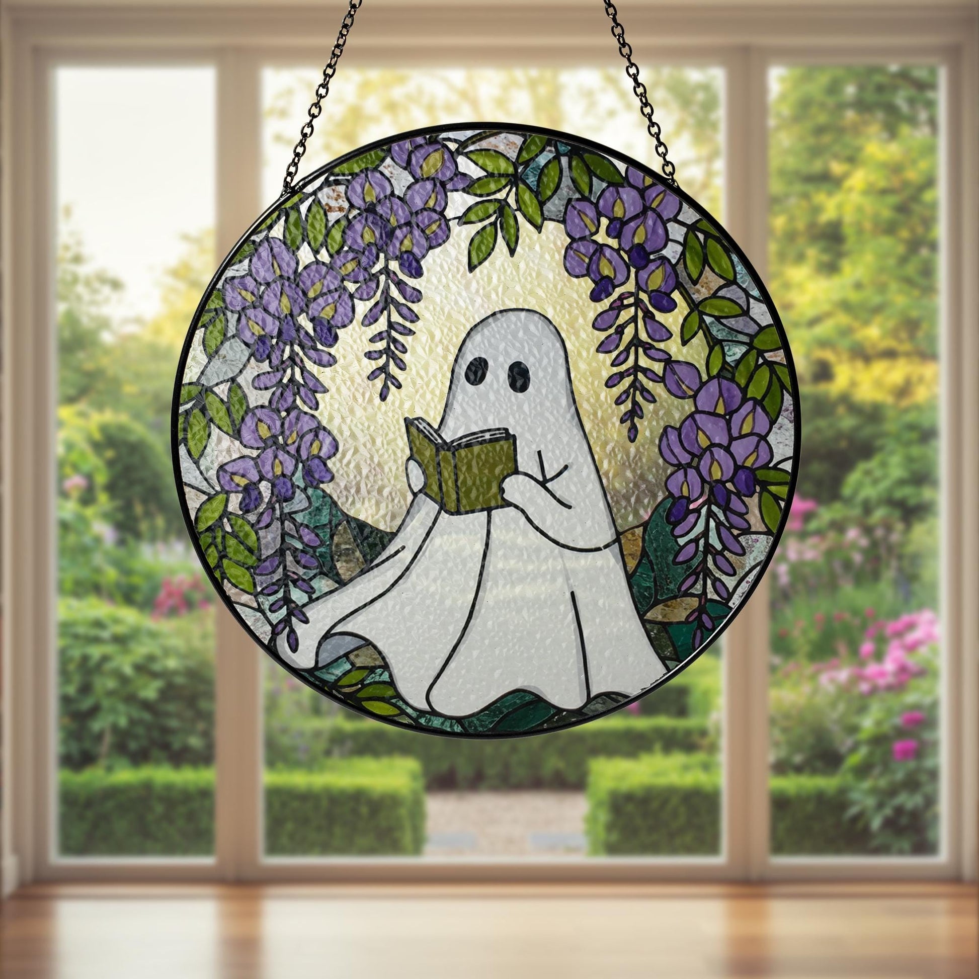 Ghost Reading GLASS Suncatcher, Book Lover Gift, Glass Window Hanging, Wisteria Glass Art, Cottagecore Decor, Ghost Sun Catcher,Floral Decor