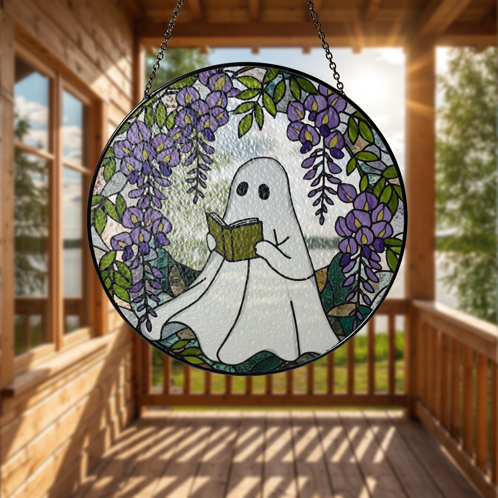 Ghost Reading GLASS Suncatcher, Book Lover Gift, Glass Window Hanging, Wisteria Glass Art, Cottagecore Decor, Ghost Sun Catcher,Floral Decor