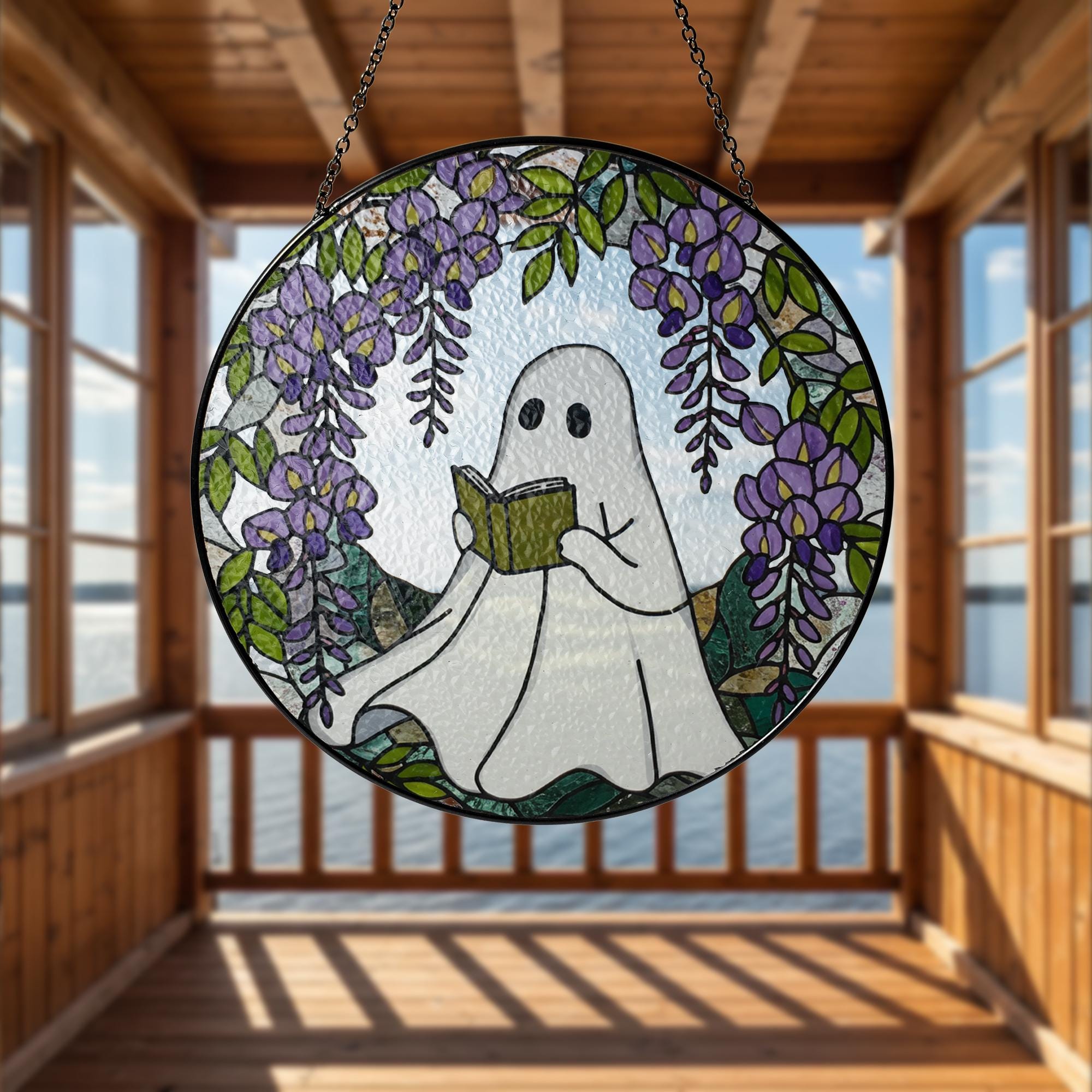 Ghost Reading GLASS Suncatcher, Book Lover Gift, Glass Window Hanging, Wisteria Glass Art, Cottagecore Decor, Ghost Sun Catcher,Floral Decor