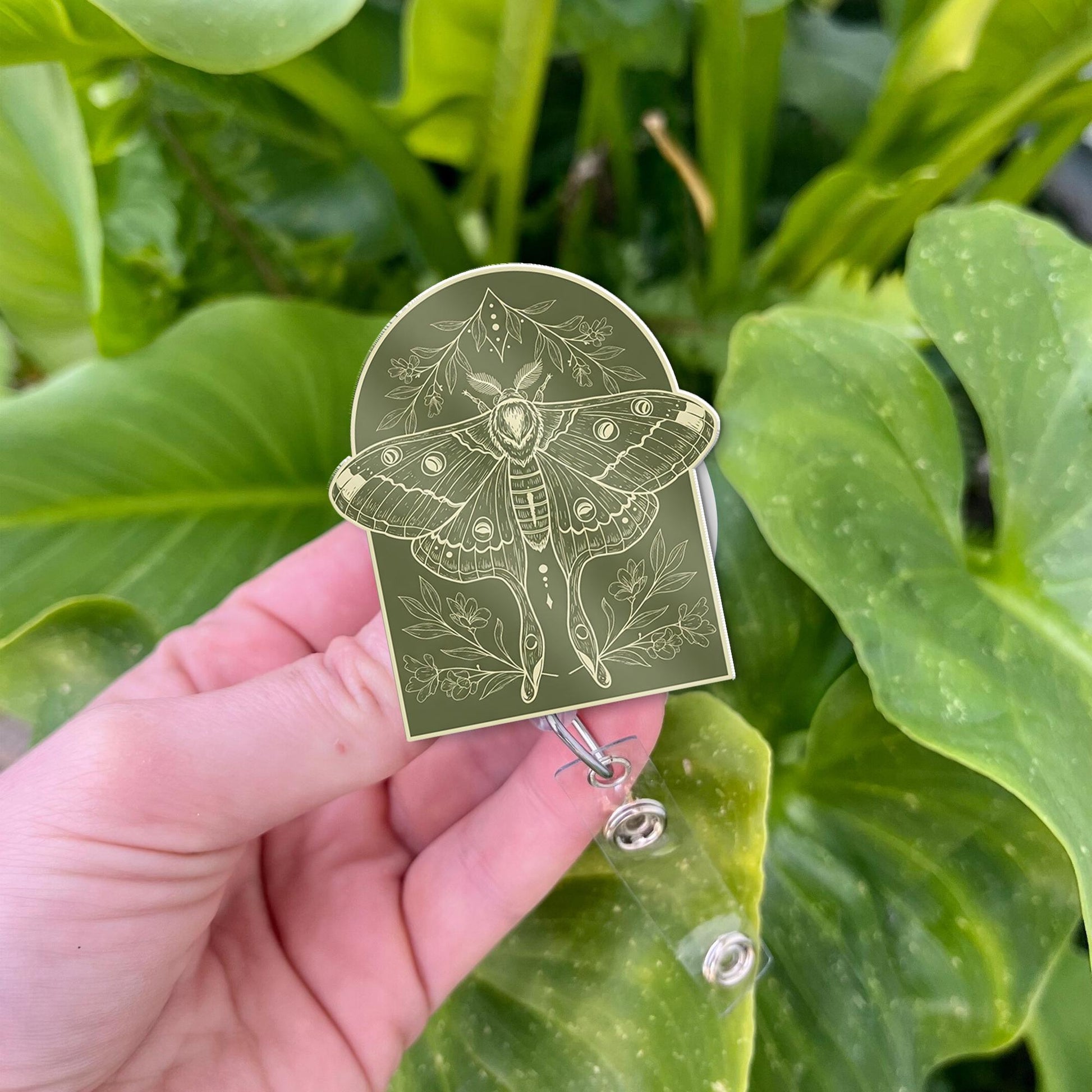 Vintage Moth Badge Reel Botanical Green Arch Design, Retractable ID Holder for Nurse Teacher Office, Floral Nature Insect Accessory Gift