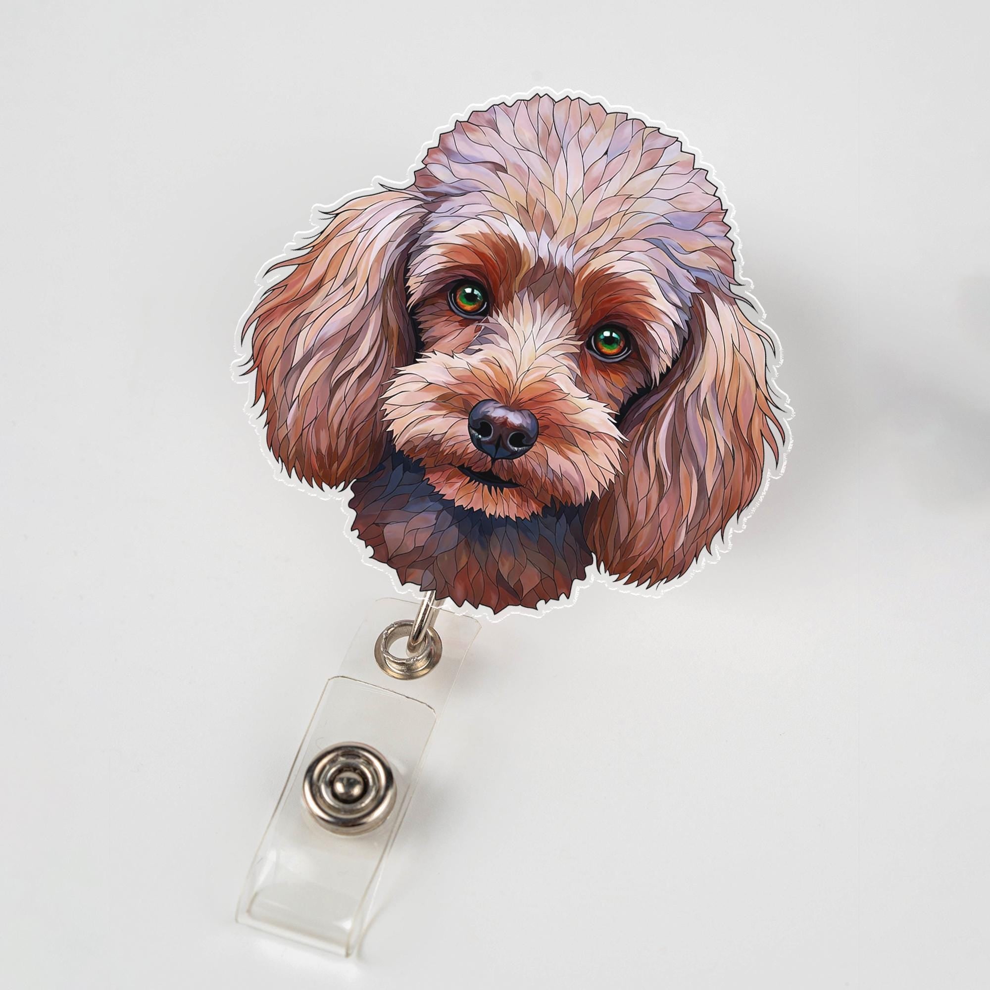 Cute Brown Poodle Dog Badge Reel, Artistic Green Eyed Pet Portrait ID Holder, Retractable Clip Gift for Nurse, Teacher, Vet, Dog Lover