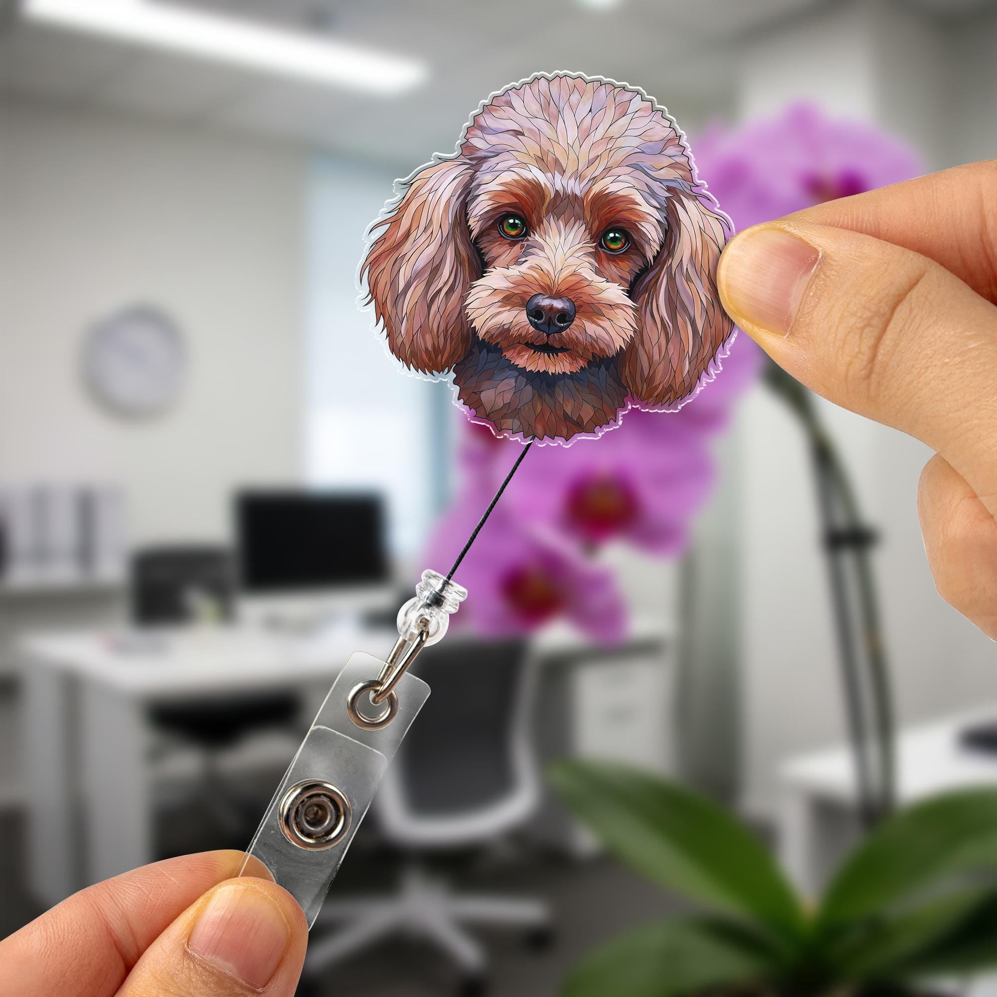 Cute Brown Poodle Dog Badge Reel, Artistic Green Eyed Pet Portrait ID Holder, Retractable Clip Gift for Nurse, Teacher, Vet, Dog Lover