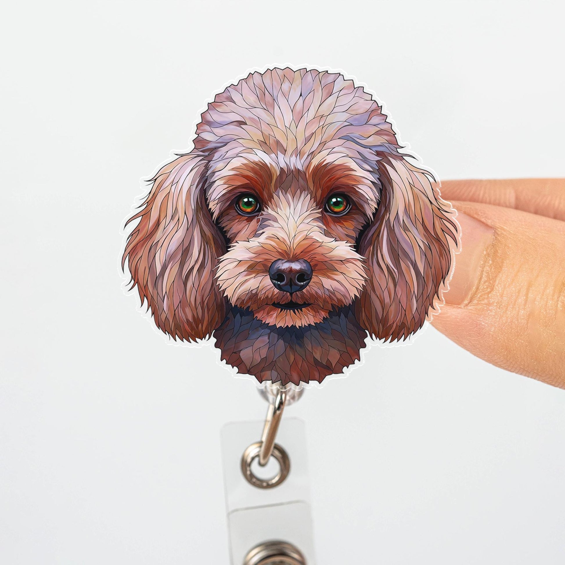 Cute Brown Poodle Dog Badge Reel, Artistic Green Eyed Pet Portrait ID Holder, Retractable Clip Gift for Nurse, Teacher, Vet, Dog Lover