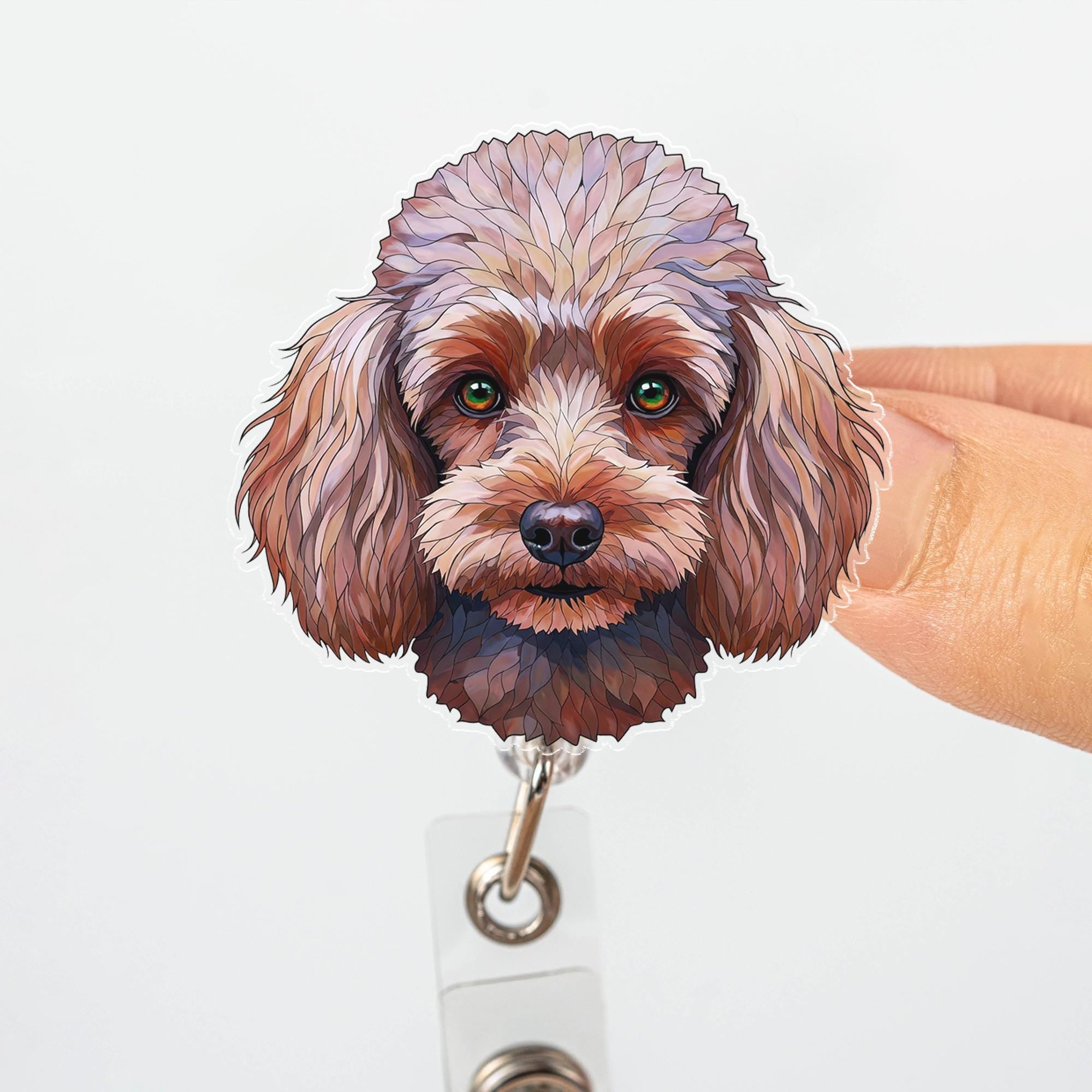 Cute Brown Poodle Dog Badge Reel, Artistic Green Eyed Pet Portrait ID Holder, Retractable Clip Gift for Nurse, Teacher, Vet, Dog Lover