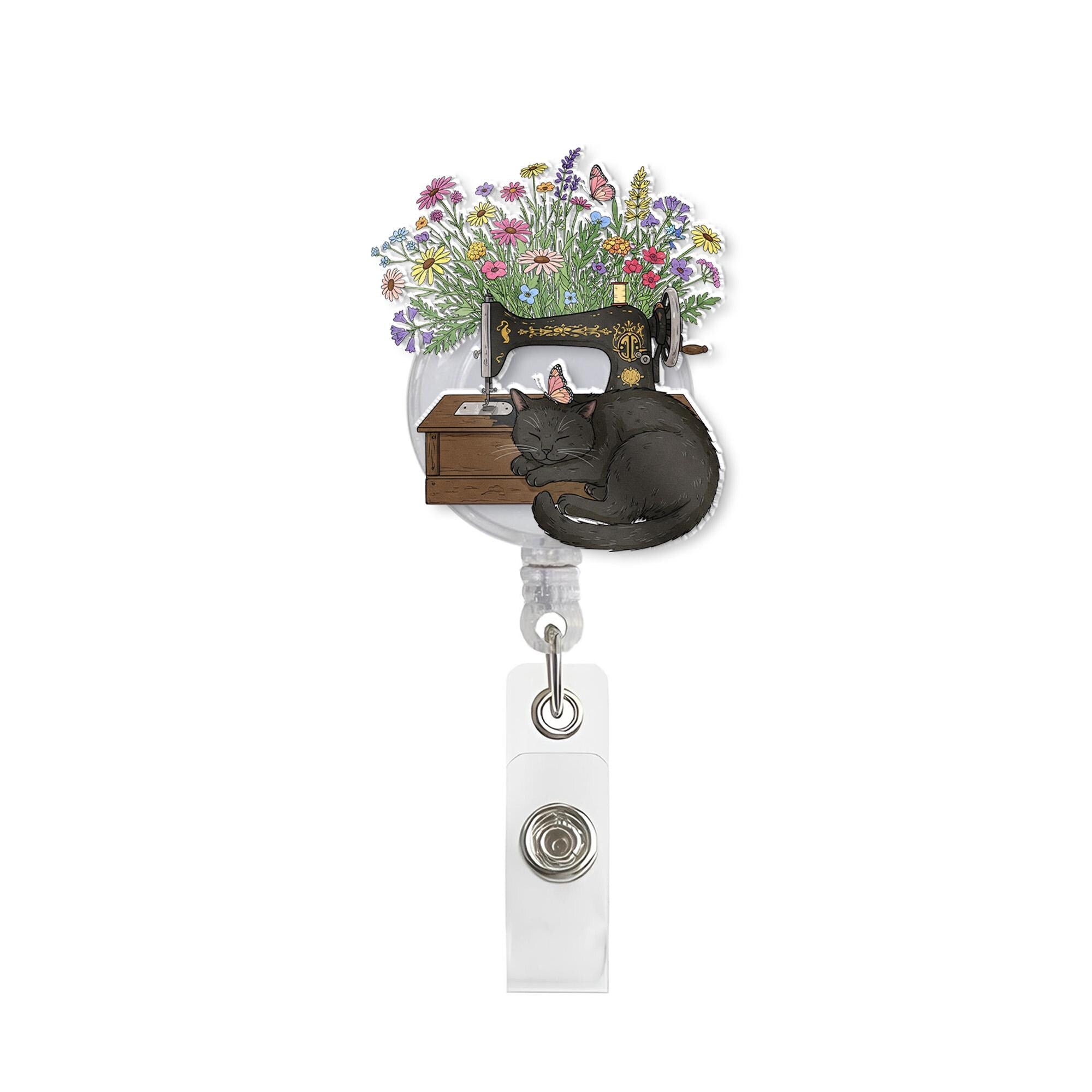 Black Cat Sleeping Floral Sewing Machine Badge Reel, Cute Retractable ID Holder for Nurse, Teacher, Crafter, Sewer, Quilter Gift Idea