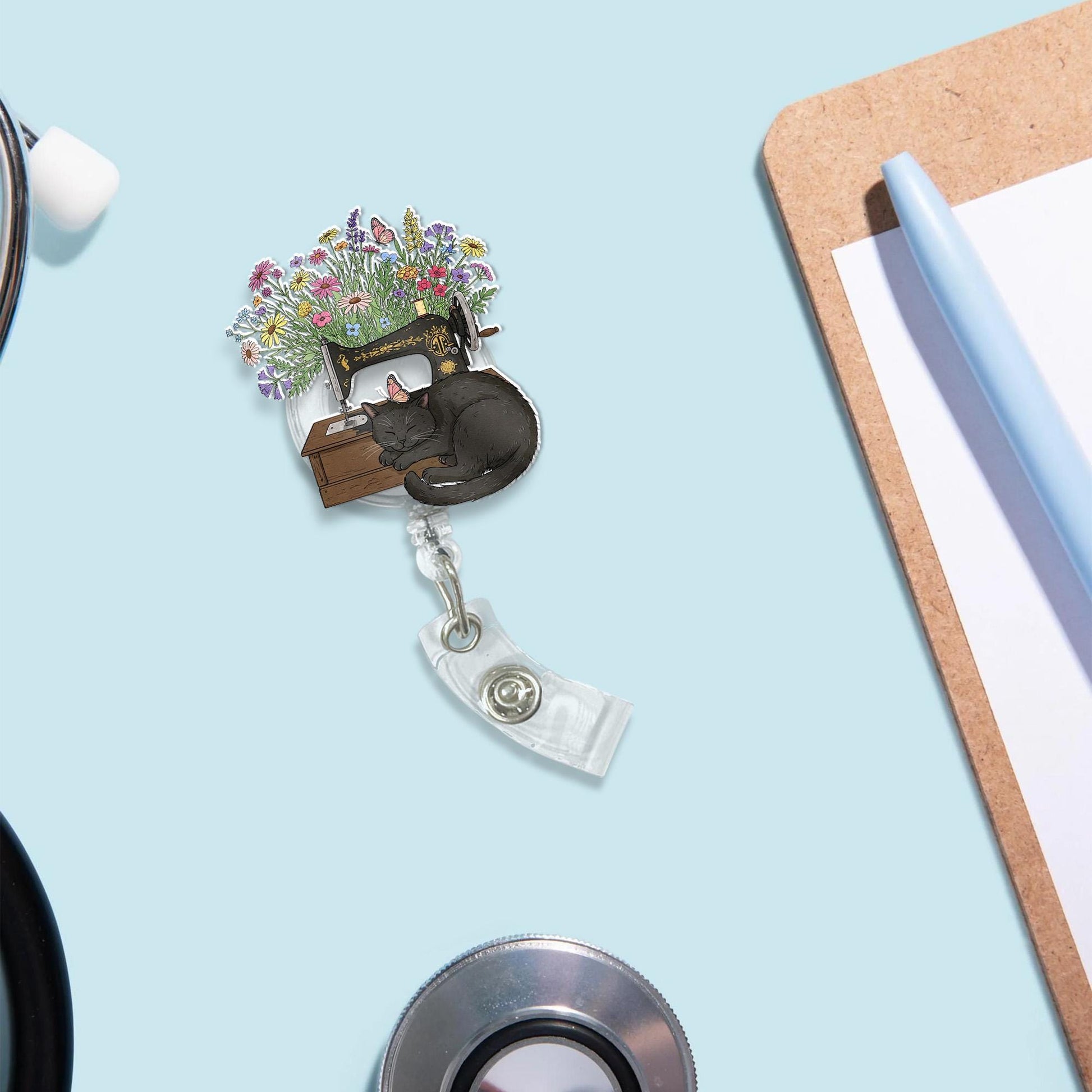 Black Cat Sleeping Floral Sewing Machine Badge Reel, Cute Retractable ID Holder for Nurse, Teacher, Crafter, Sewer, Quilter Gift Idea