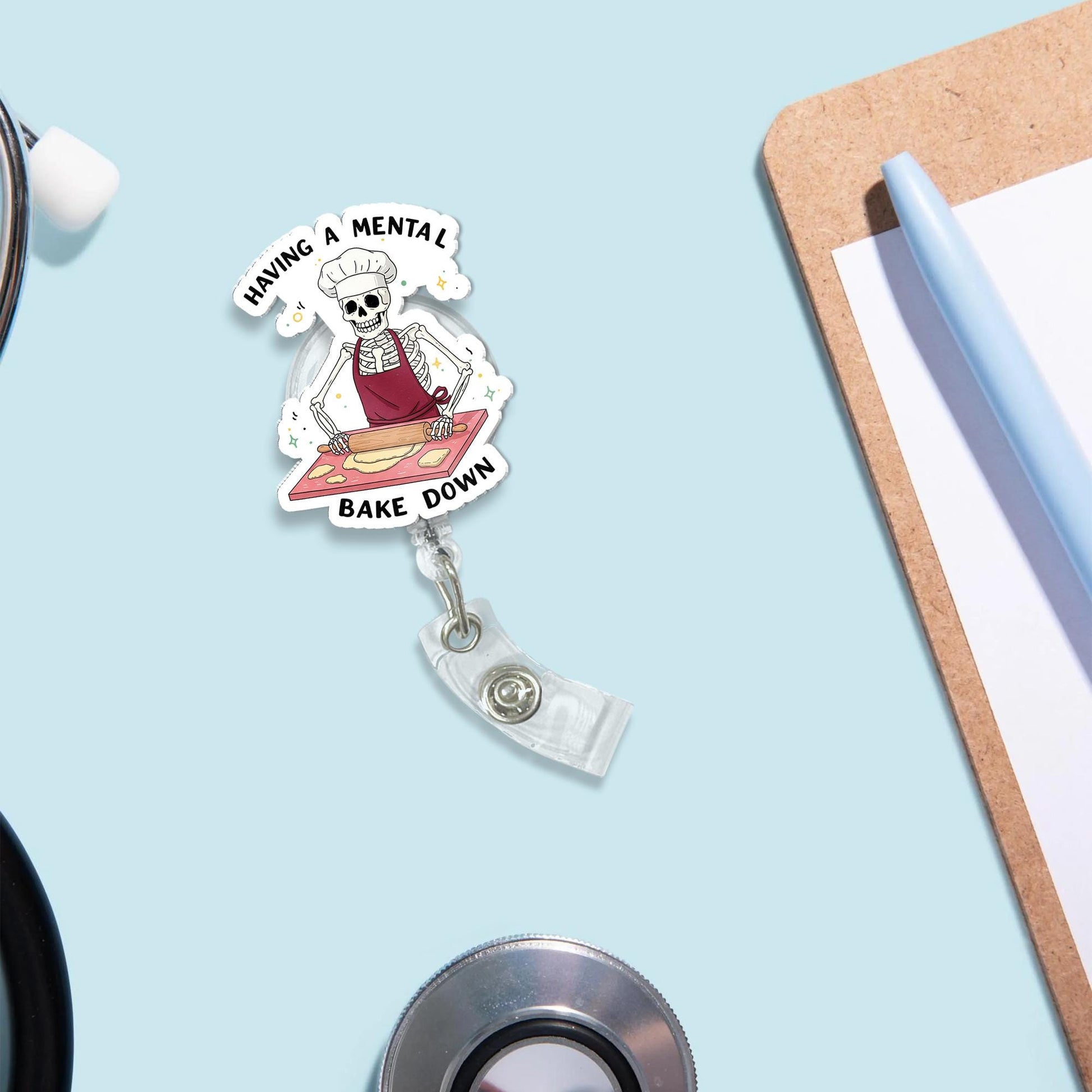 Mental Bake Down Skeleton Baker Badge Reel | Funny Retractable ID Holder for Nurse Teacher Office Staff | Humorous Baking Pun Gift
