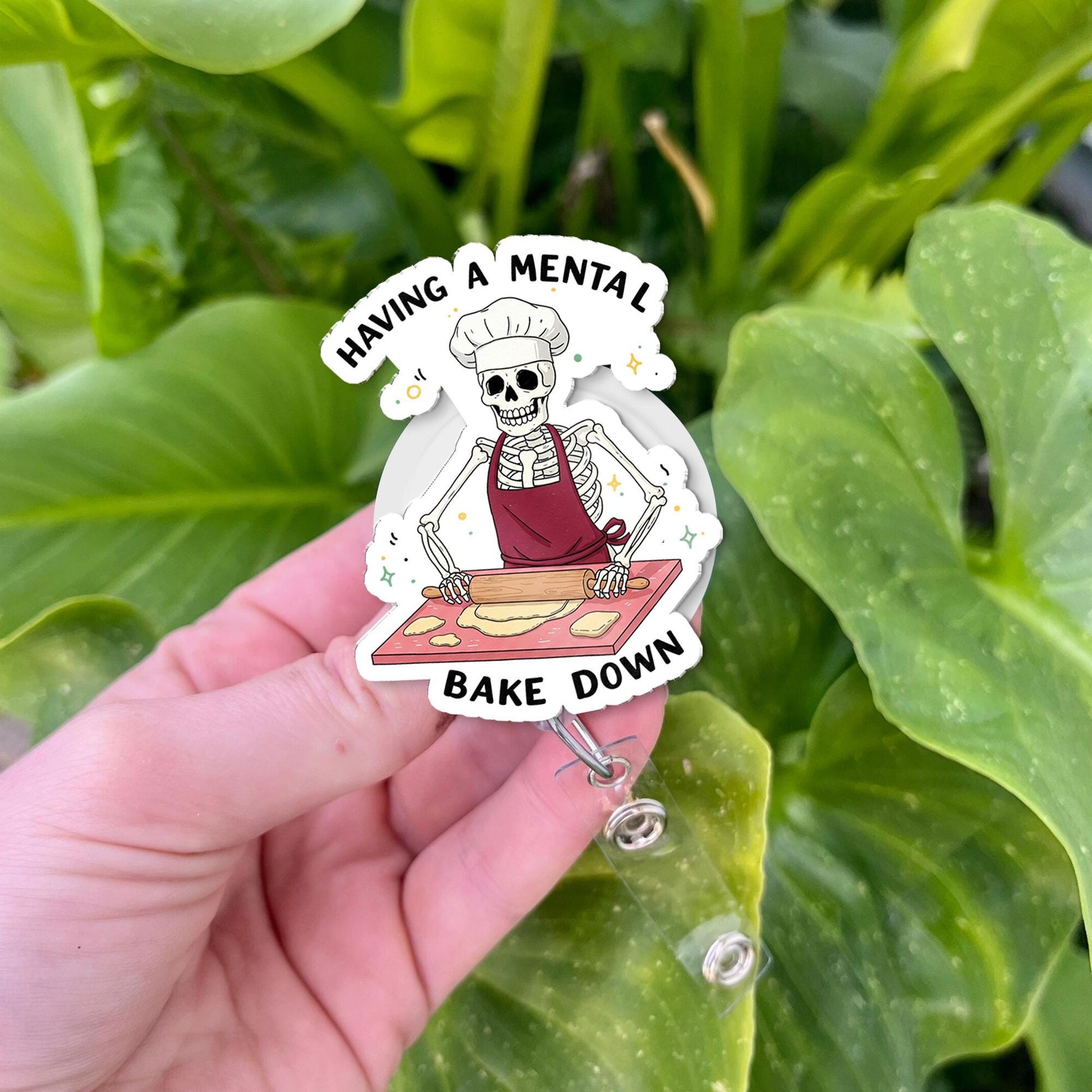 Mental Bake Down Skeleton Baker Badge Reel | Funny Retractable ID Holder for Nurse Teacher Office Staff | Humorous Baking Pun Gift