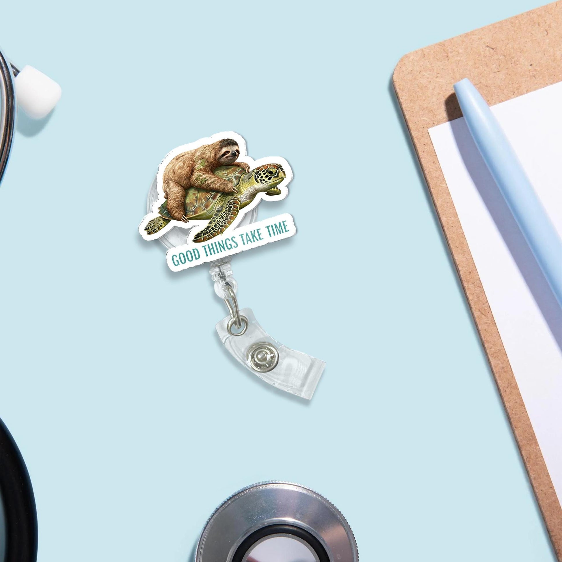 Sloth Riding Turtle Badge Reel "Good Things Take Time", Cute Animal Retractable ID Holder, Inspirational Nurse Teacher Office Staff Gift