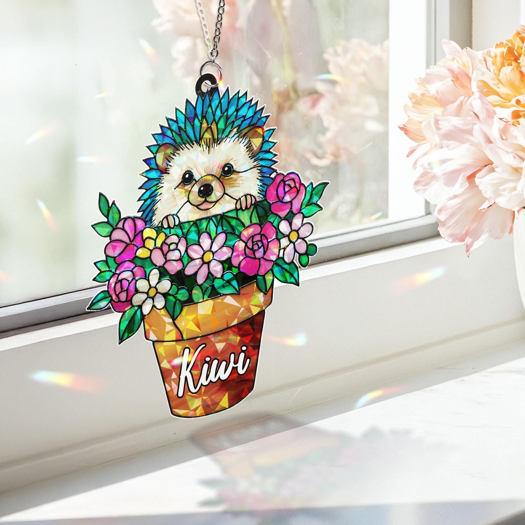 Personalized Hedgehog Flower Pot Acrylic Ornament, Custom Name Window Hanging, Cute Floral Animal Lover Gardener Gift Home Decor