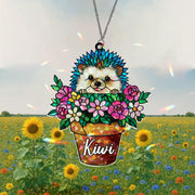Personalized Hedgehog Flower Pot Acrylic Ornament, Custom Name Window Hanging, Cute Floral Animal Lover Gardener Gift Home Decor