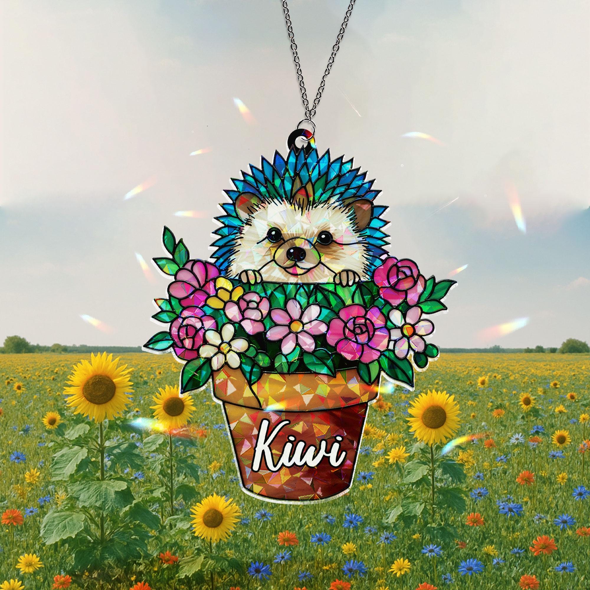 Personalized Hedgehog Flower Pot Acrylic Ornament, Custom Name Window Hanging, Cute Floral Animal Lover Gardener Gift Home Decor