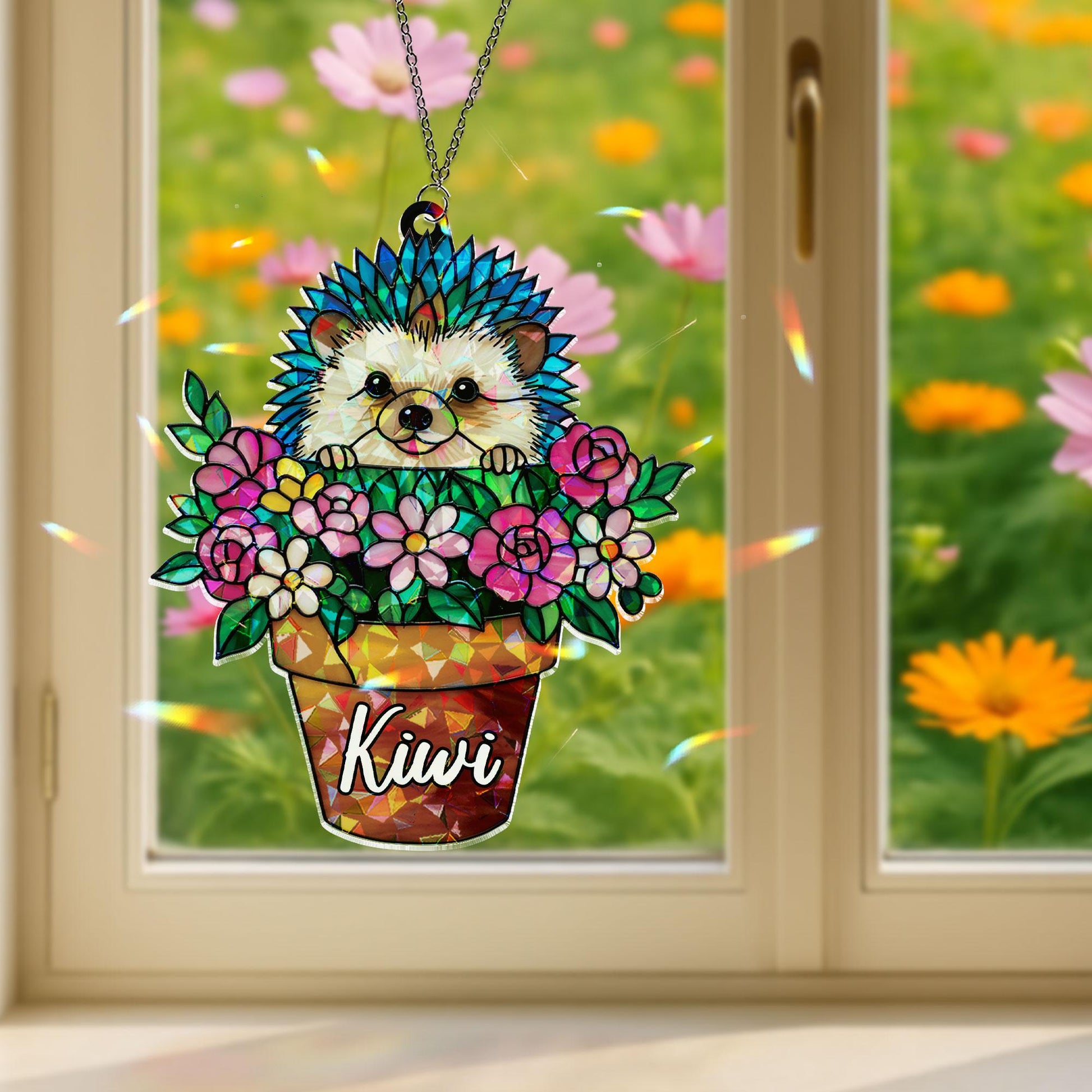 Personalized Hedgehog Flower Pot Acrylic Ornament, Custom Name Window Hanging, Cute Floral Animal Lover Gardener Gift Home Decor