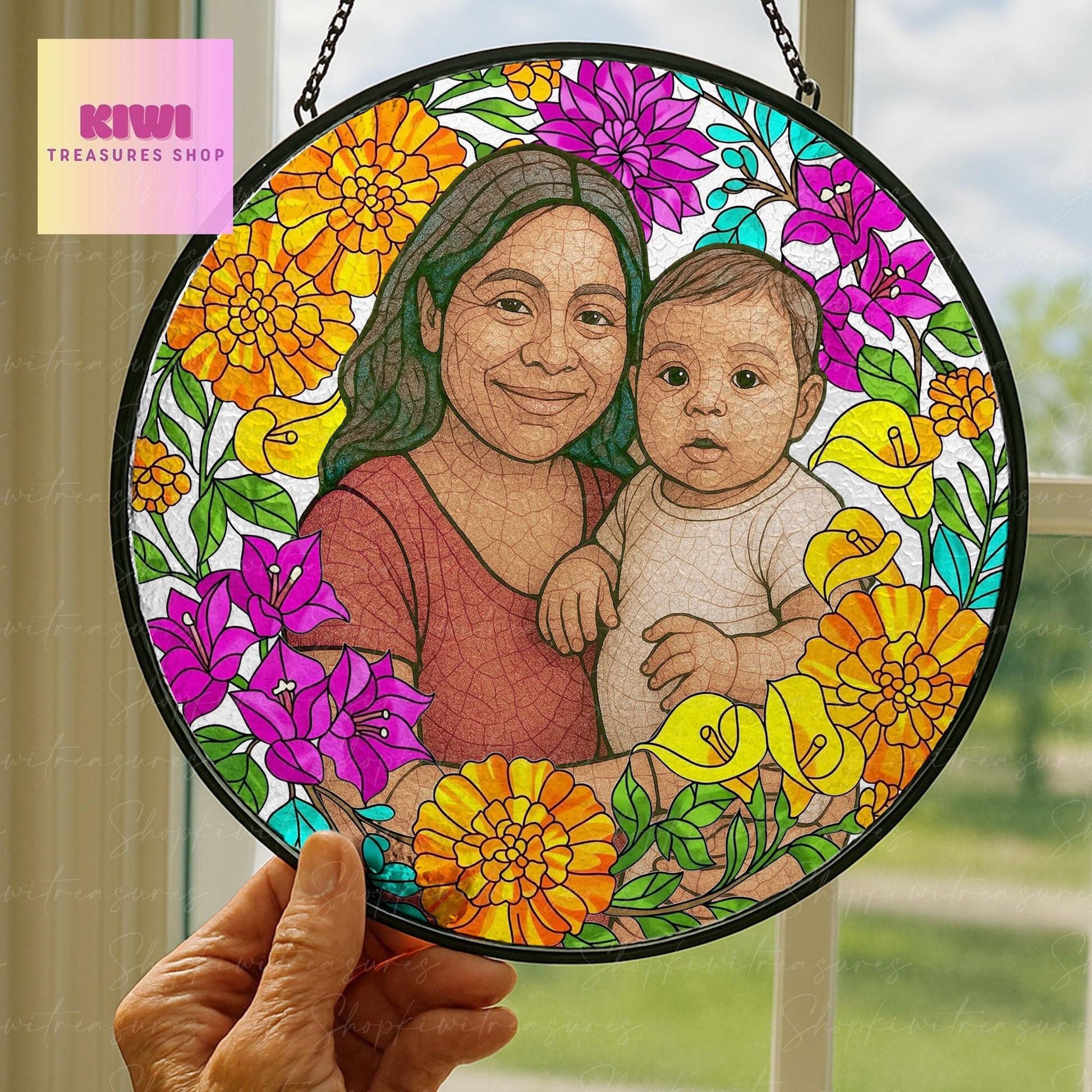 Custom Photo Glass Suncatcher Gift for Mexican Mom or Grandma – Personalized Floral Portrait Keepsake for Mother’s Day or Birthday