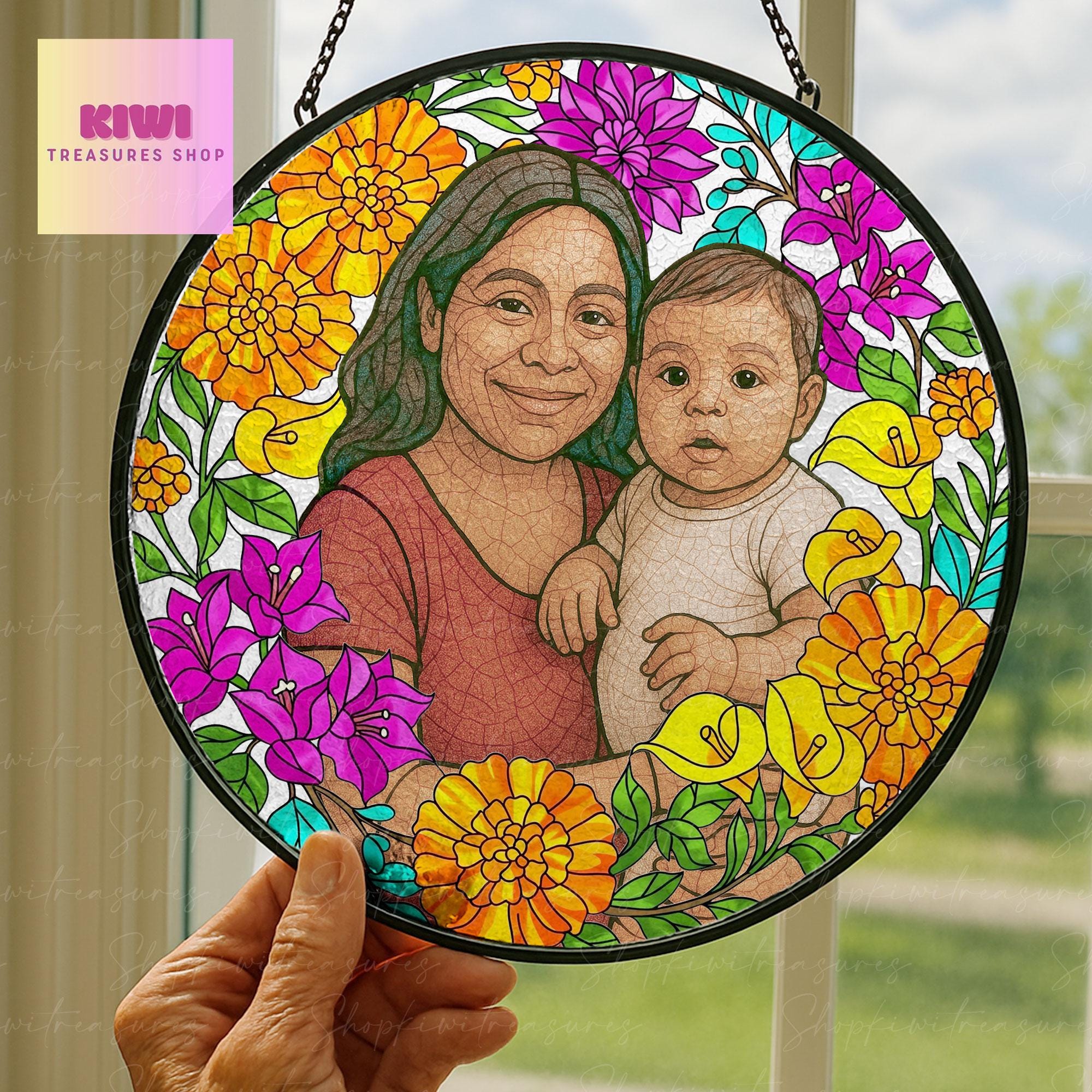 Custom Photo Glass Suncatcher Gift for Mexican Mom or Grandma – Personalized Floral Portrait Keepsake for Mother’s Day or Birthday