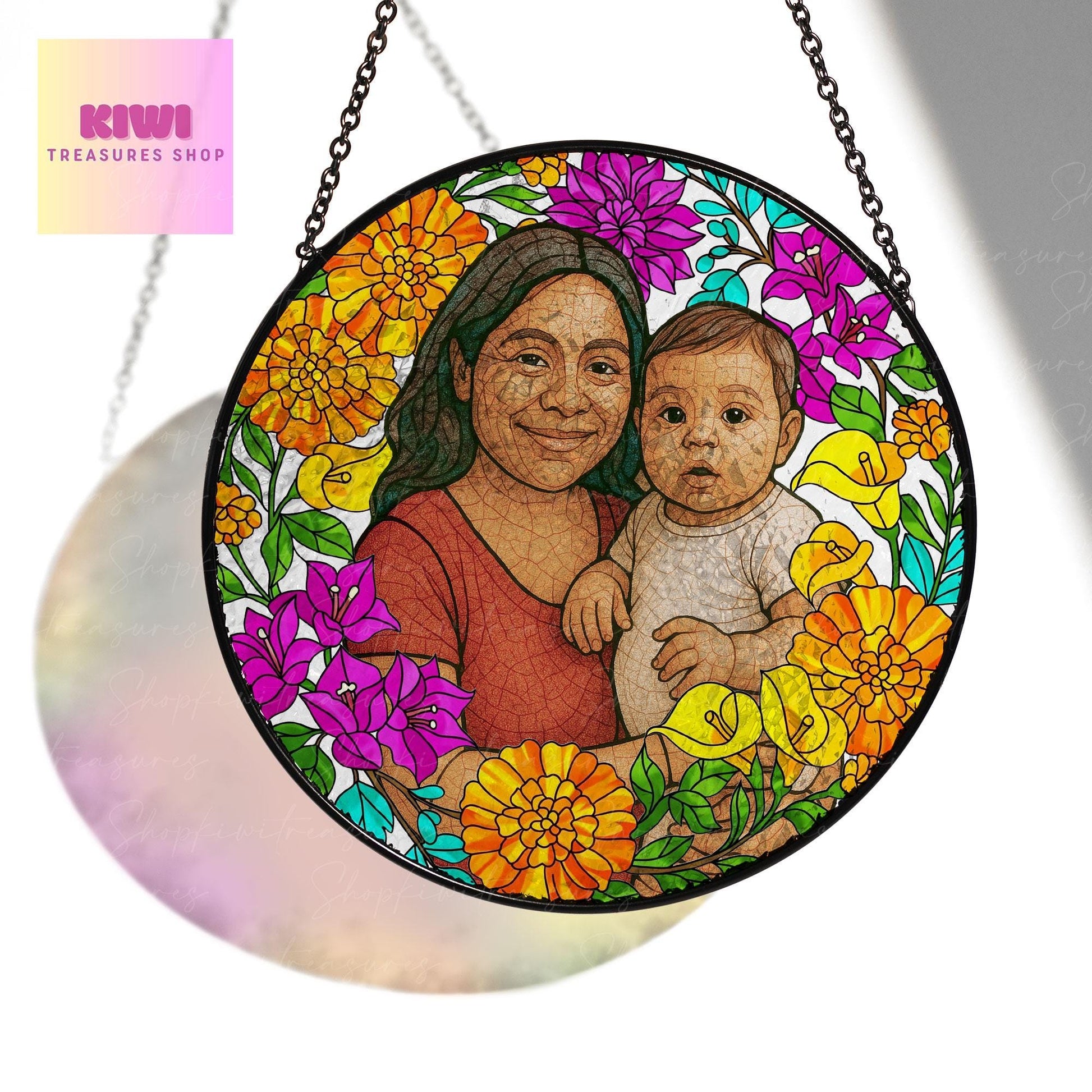 Custom Photo Glass Suncatcher Gift for Mexican Mom or Grandma – Personalized Floral Portrait Keepsake for Mother’s Day or Birthday
