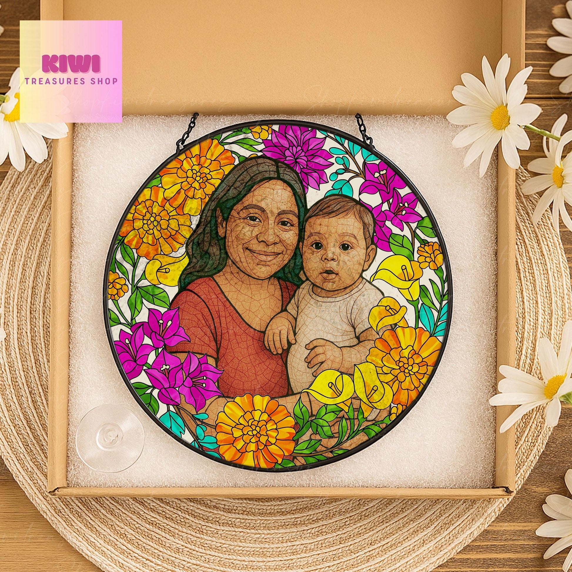 Custom Photo Glass Suncatcher Gift for Mexican Mom or Grandma – Personalized Floral Portrait Keepsake for Mother’s Day or Birthday
