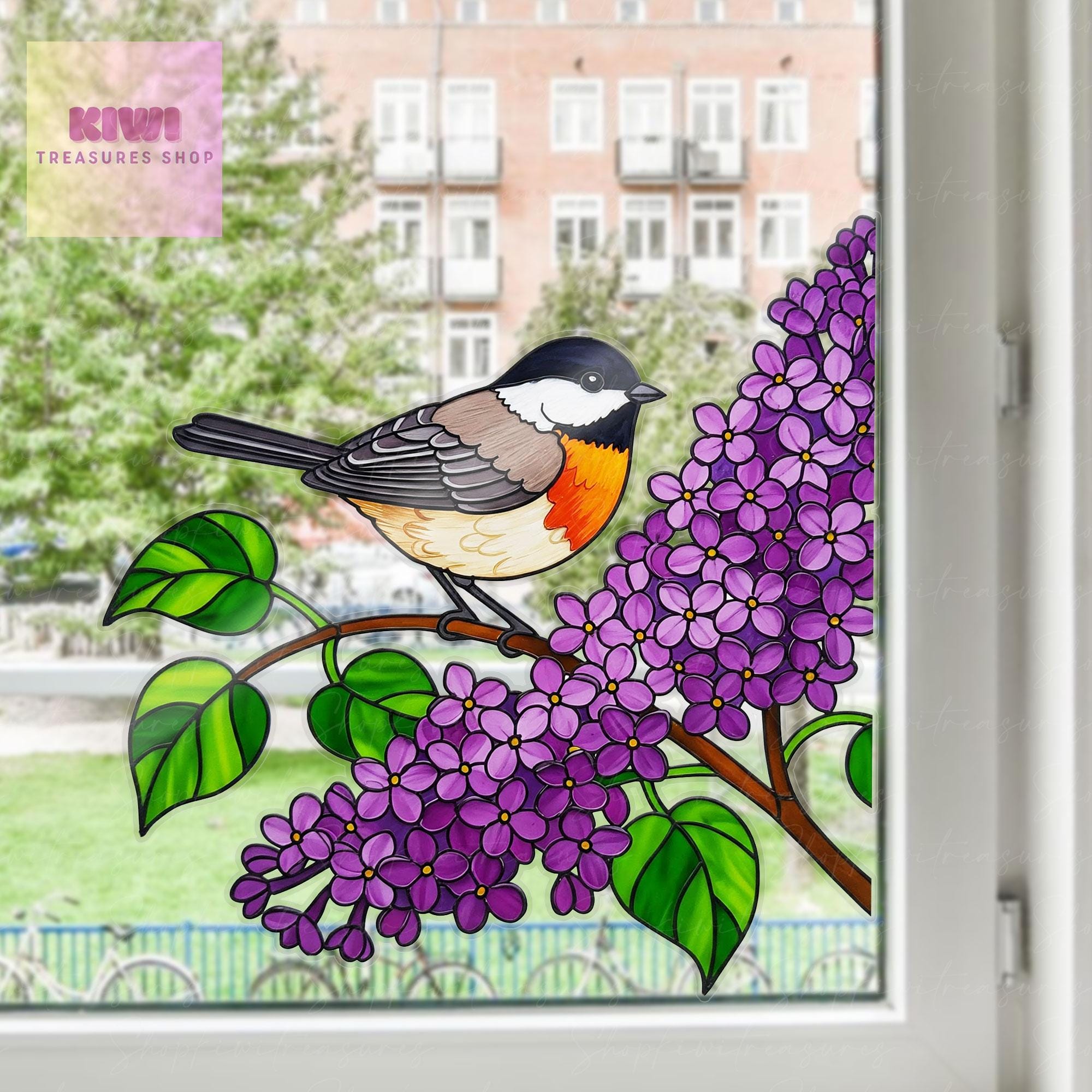Robin bird and Lilac Transparent Vinyl Window Decal – Floral Bird Suncatcher Sticker Gift for Mom and grandma on Mother's Day or Birthday
