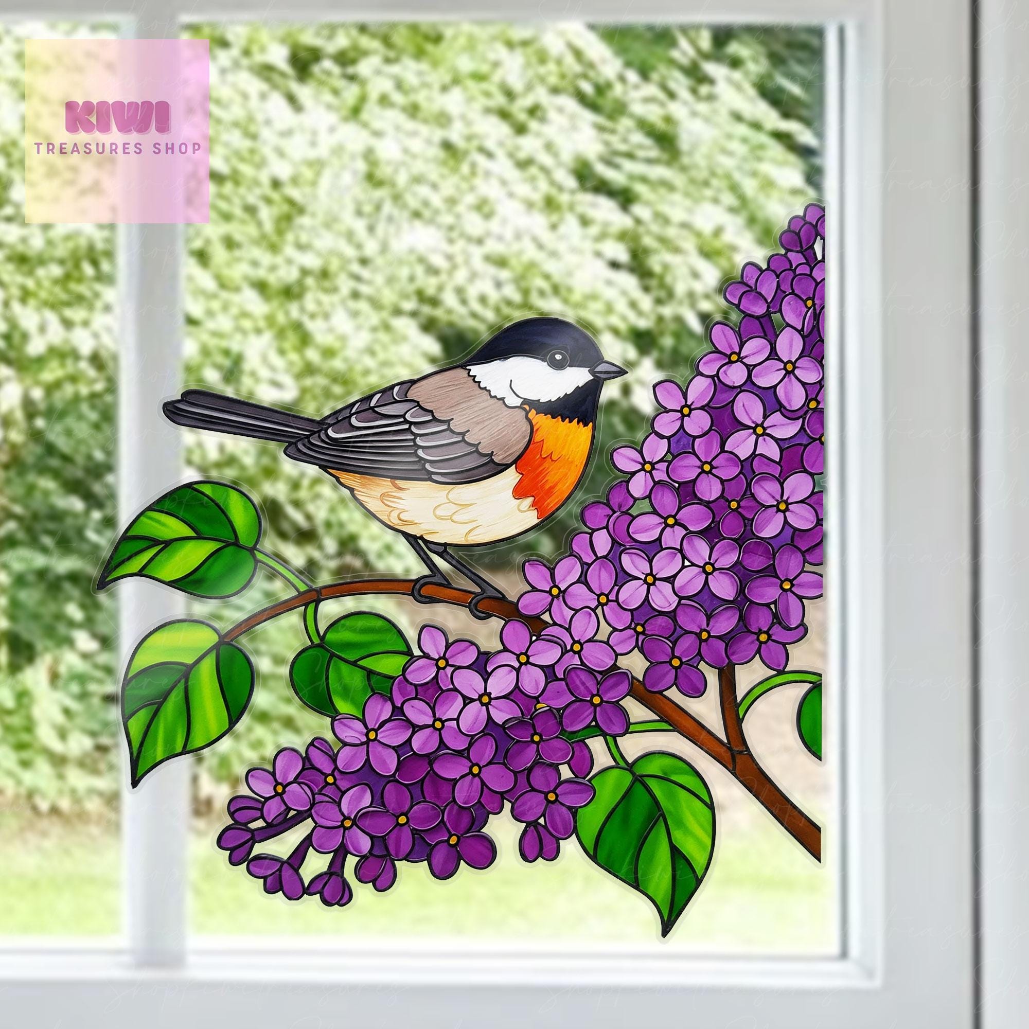 Robin bird and Lilac Transparent Vinyl Window Decal – Floral Bird Suncatcher Sticker Gift for Mom and grandma on Mother's Day or Birthday