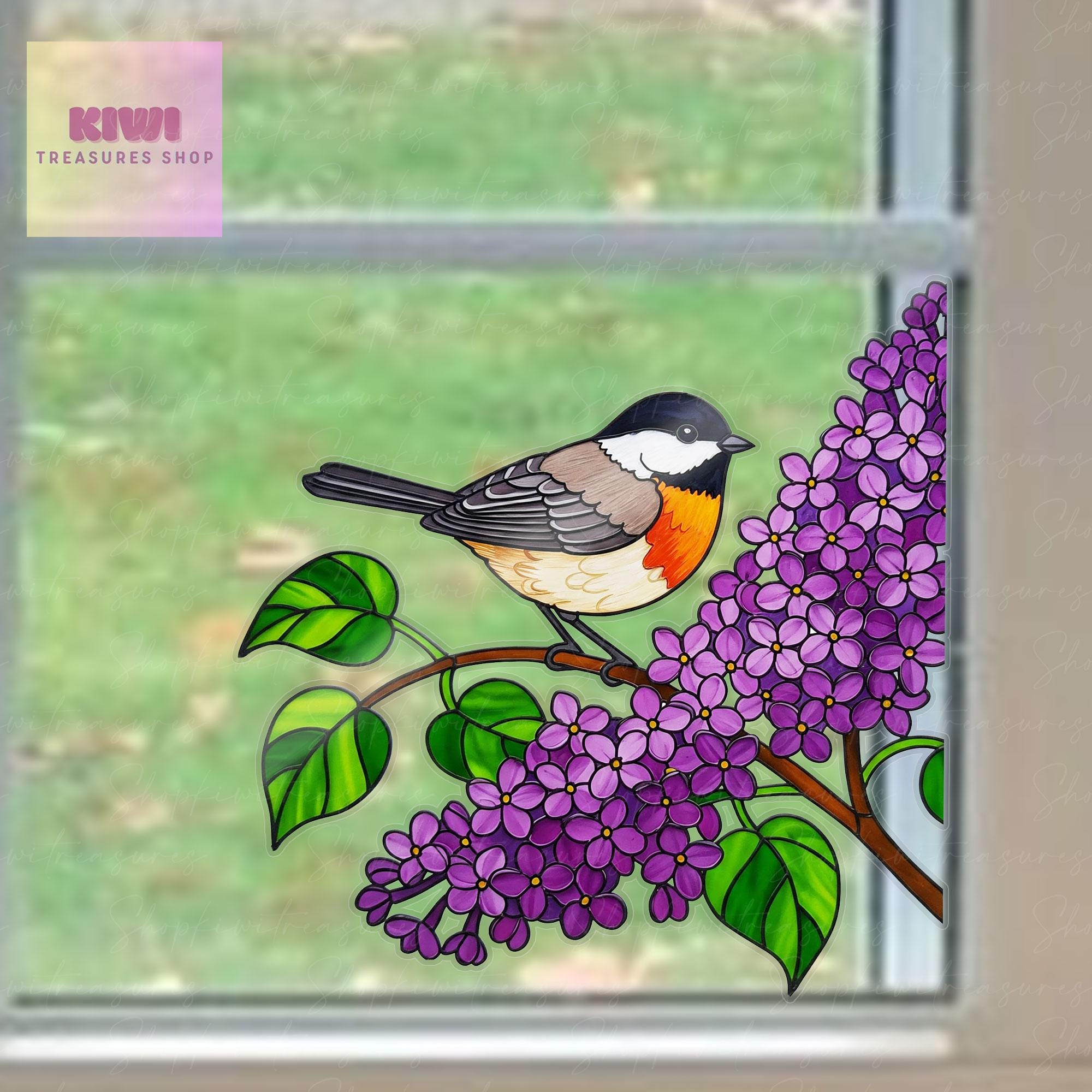 Robin bird and Lilac Transparent Vinyl Window Decal – Floral Bird Suncatcher Sticker Gift for Mom and grandma on Mother's Day or Birthday