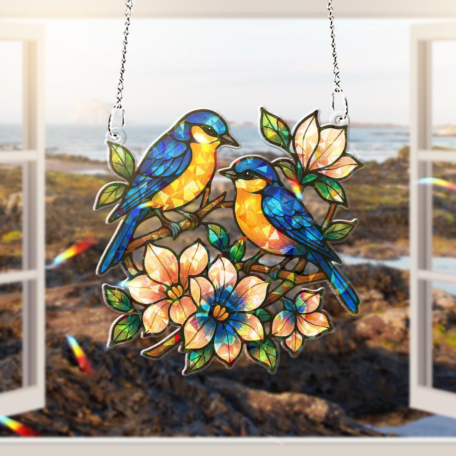 Blue Birds On The Flower Branch Acrylic Window Hanging – Floral Suncatcher – Spring Decor for Nature and Bird Lovers, Flower Spring Art