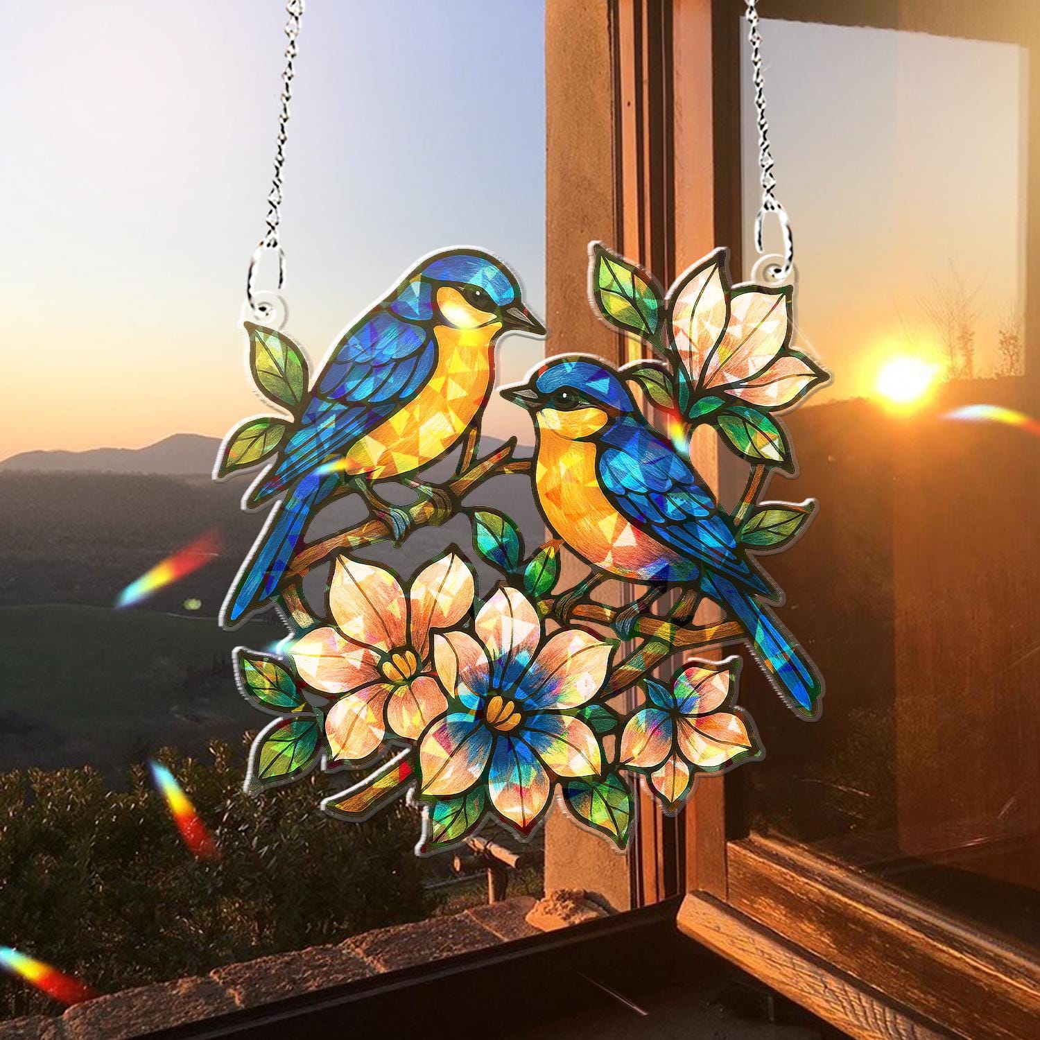 Blue Birds On The Flower Branch Acrylic Window Hanging – Floral Suncatcher – Spring Decor for Nature and Bird Lovers, Flower Spring Art