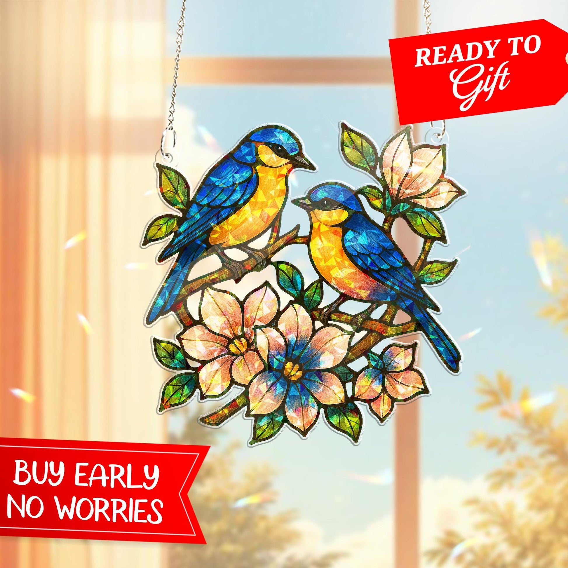 Blue Birds On The Flower Branch Acrylic Window Hanging – Floral Suncatcher – Spring Decor for Nature and Bird Lovers, Flower Spring Art
