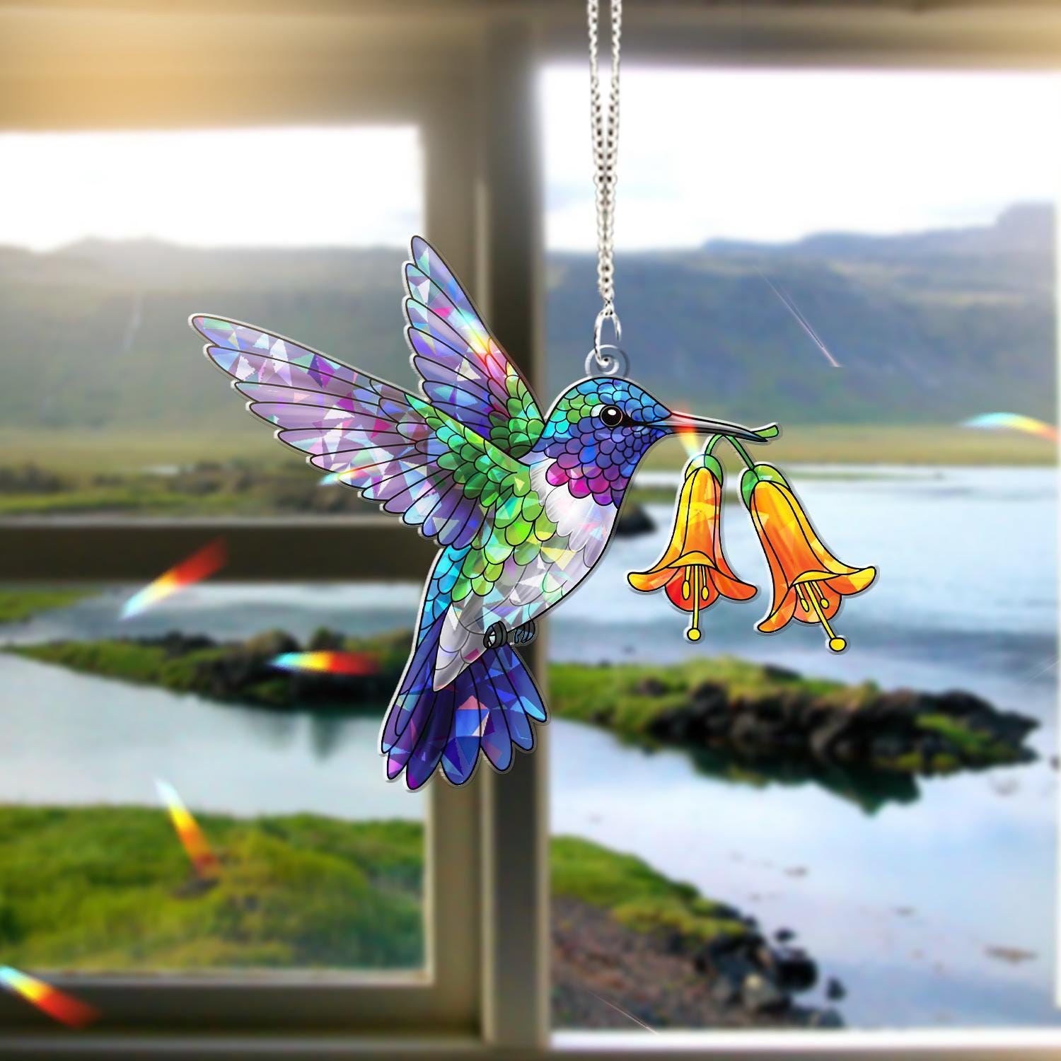 Colorful Hummingbird And Flower Acrylic Window Hanging – Floral Suncatcher – Nature Decor for Home, Garden– Spring Decor, Bird Lovers
